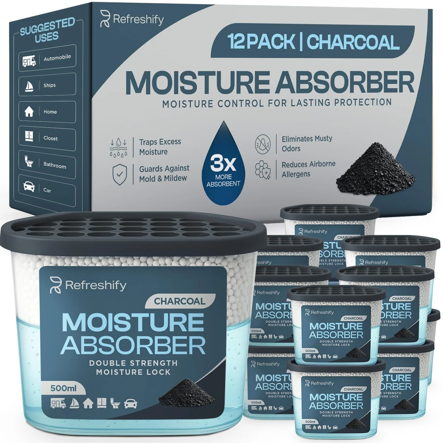 Premium Moisture Absorbers and Dehumidifier Tubs – High-Efficiency Closet Dehumidifier and Dehumidifier for Car, Odor Control Charcoal, 12 Pack, 7.5 Oz