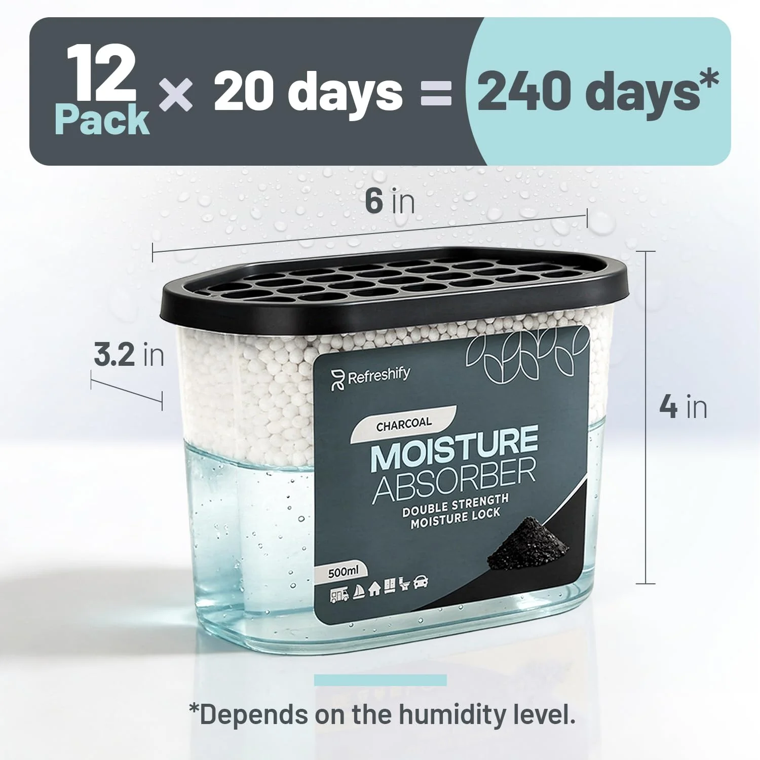 Premium Moisture Absorbers and Dehumidifier Tubs – High-Efficiency Closet Dehumidifier and Dehumidifier for Car, Odor Control Charcoal, 12 Pack, 7.5 Oz - Image 2