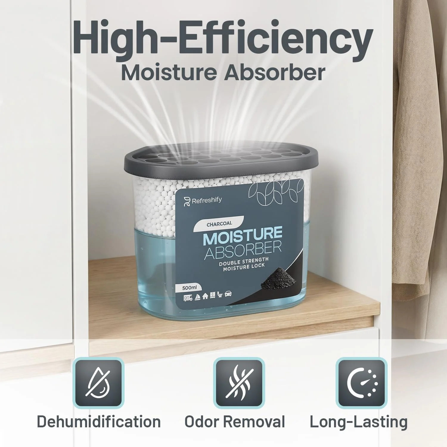Premium Moisture Absorbers and Dehumidifier Tubs – High-Efficiency Closet Dehumidifier and Dehumidifier for Car, Odor Control Charcoal, 12 Pack, 7.5 Oz - Image 6