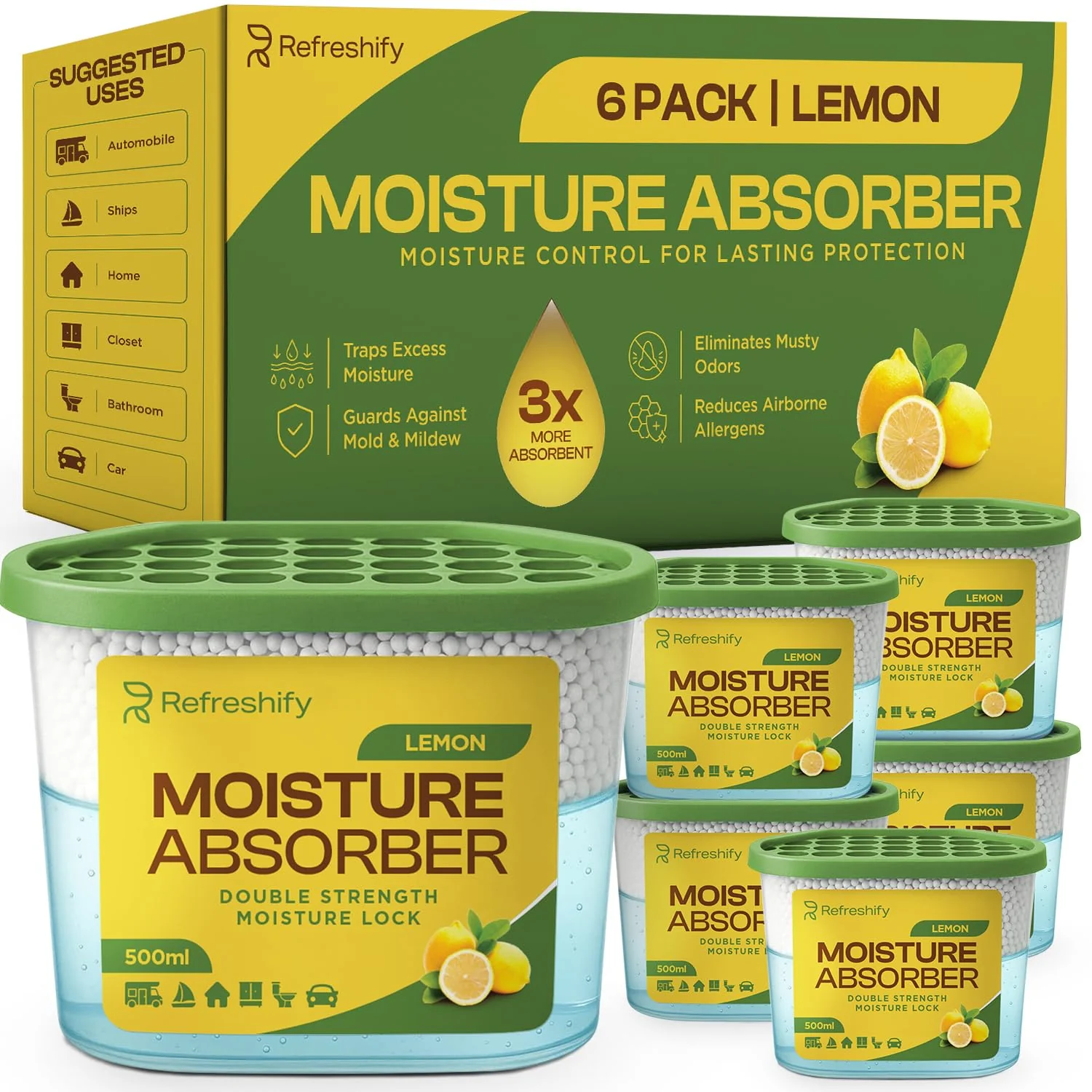 Premium Moisture Absorbers and Dehumidifier Tubs – High-Efficiency Closet Dehumidifier and Dehumidifier for Car, Odor Control Lemon Scent, 6 Pack, 7.5 Oz