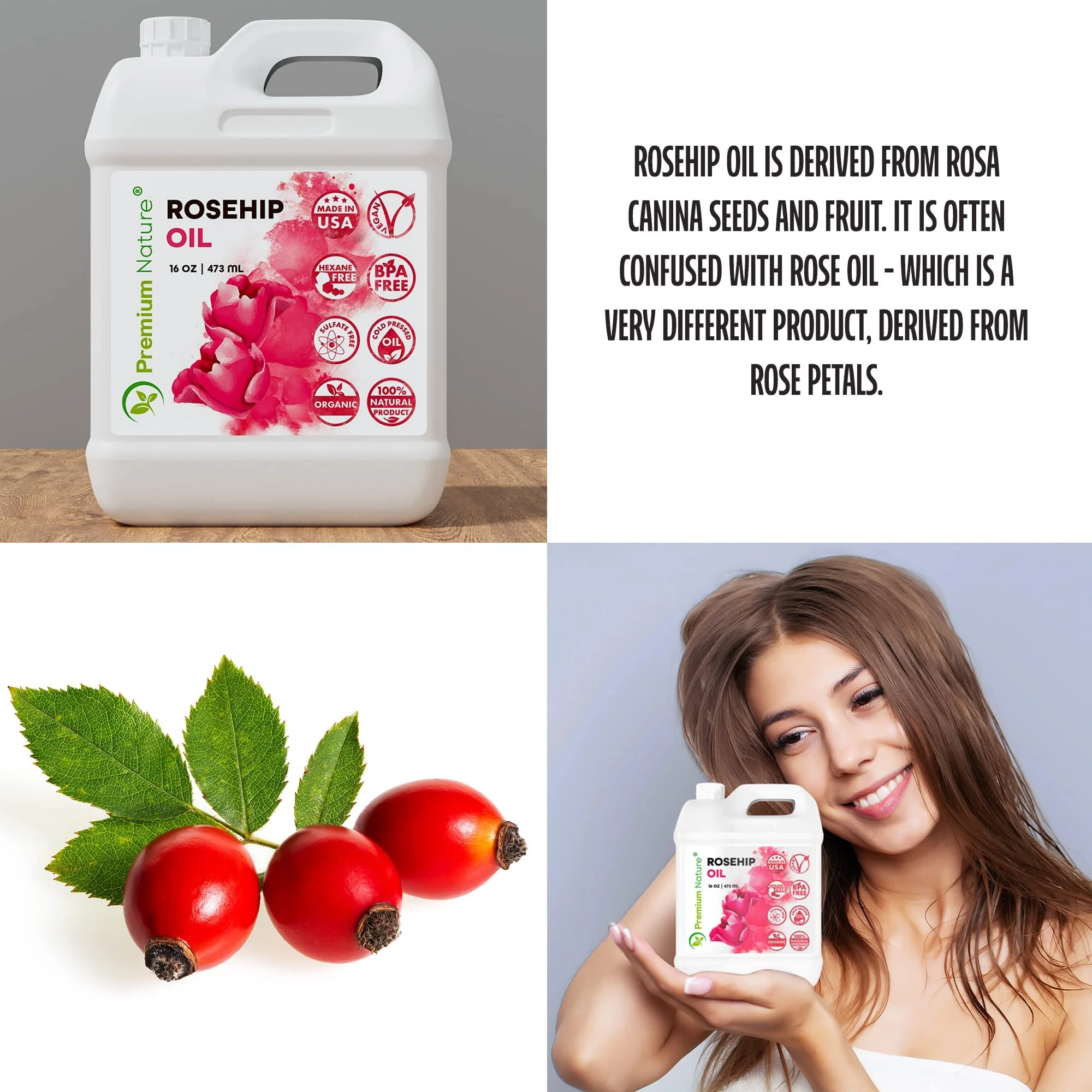 Premium Nature Rosehip Seed Oil 16oz Bulk Size - Cold Pressed, Unrefined, 100% Pure Organic Carrier Oil - Moisturizing Face & Body Oil for Dry Skin, Hair Growth, Nails & Anti-Aging Skincare - Image 4