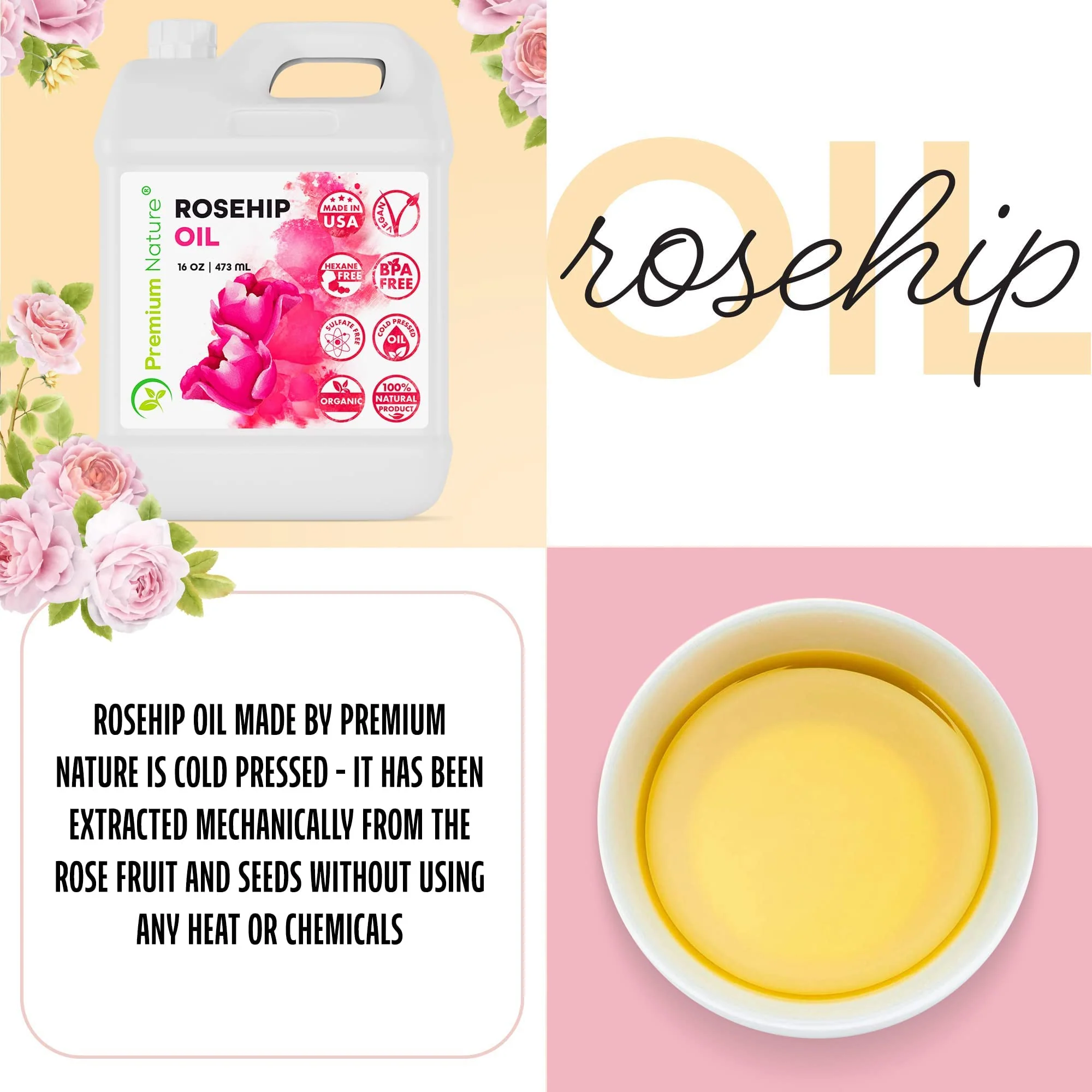 Premium Nature Rosehip Seed Oil 16oz Bulk Size - Cold Pressed, Unrefined, 100% Pure Organic Carrier Oil - Moisturizing Face & Body Oil for Dry Skin, Hair Growth, Nails & Anti-Aging Skincare - Image 5