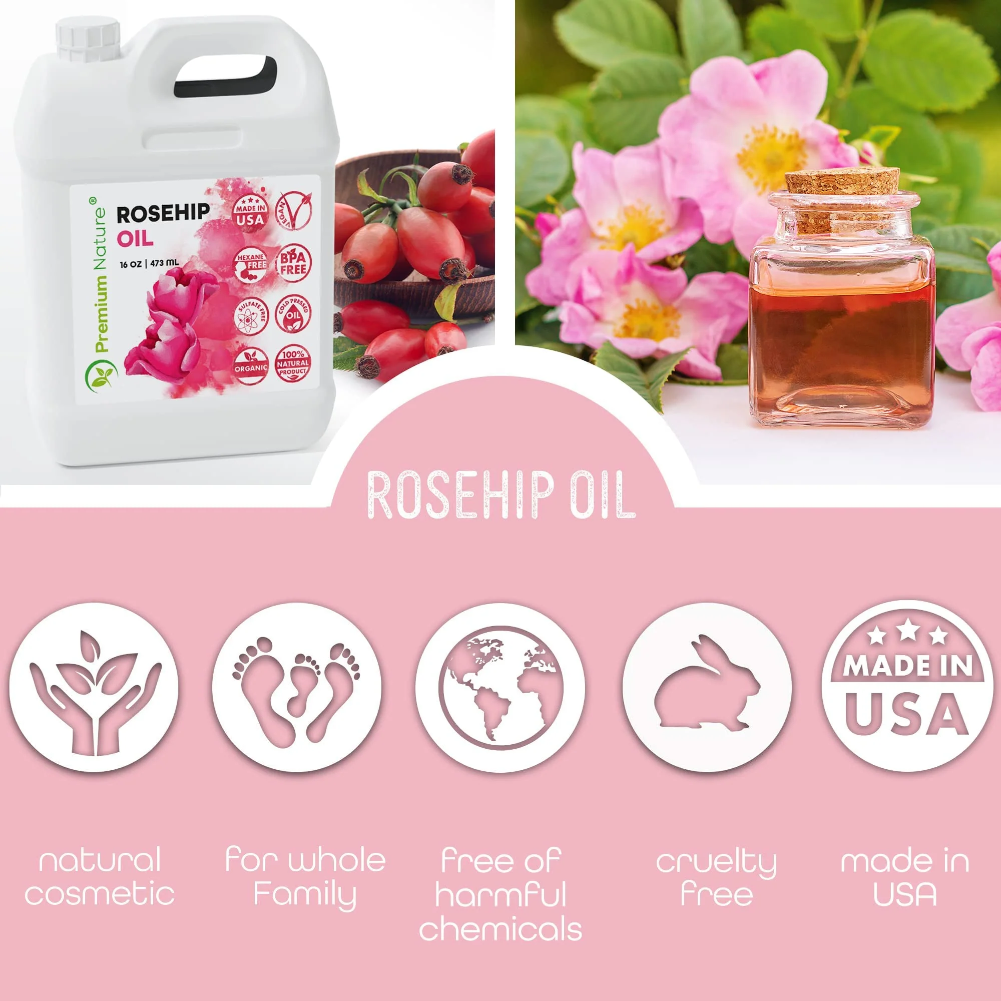 Premium Nature Rosehip Seed Oil 16oz Bulk Size - Cold Pressed, Unrefined, 100% Pure Organic Carrier Oil - Moisturizing Face & Body Oil for Dry Skin, Hair Growth, Nails & Anti-Aging Skincare - Image 6