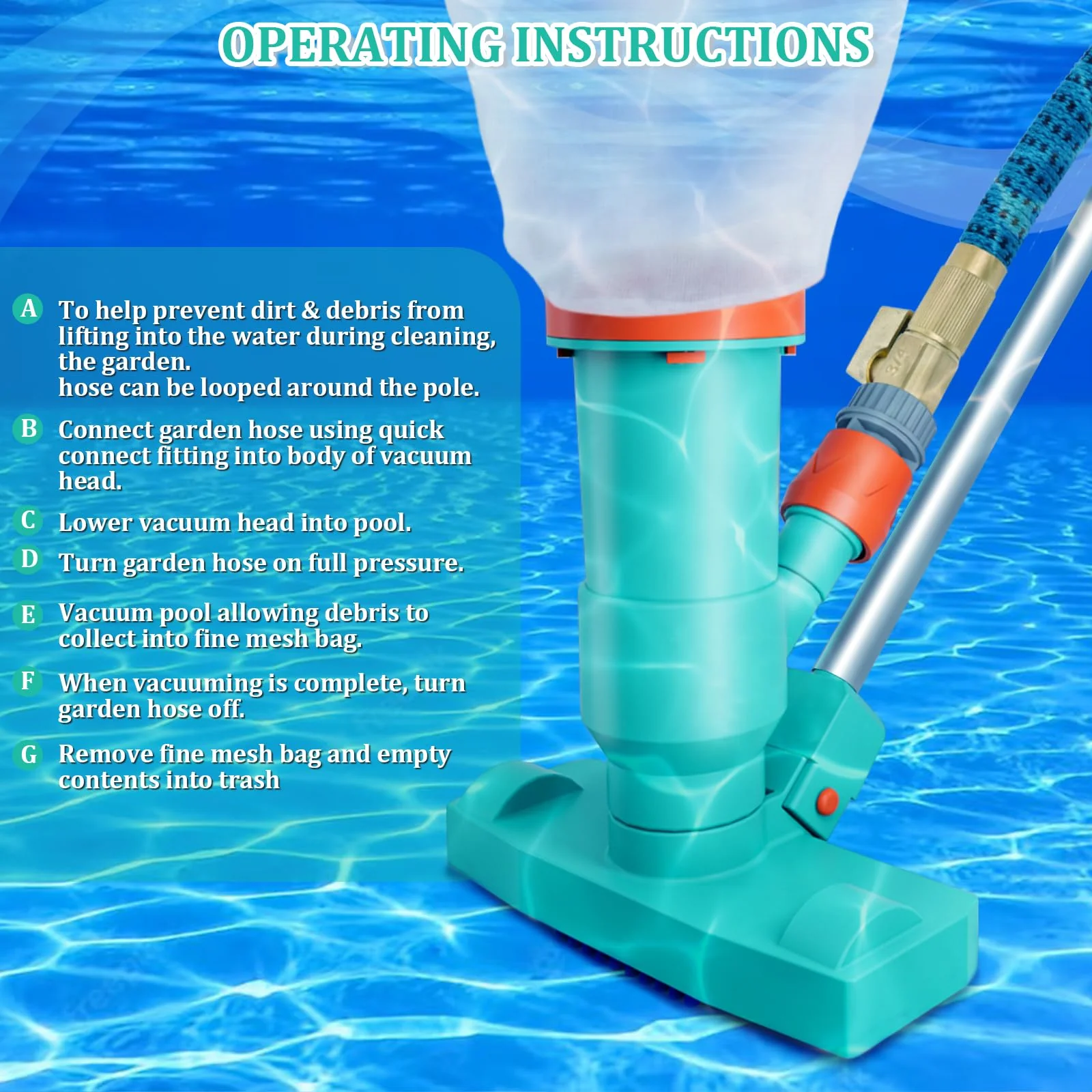 Premium Pool Vacuum Jet Underwater Cleaner, 3 Scrub Brushes, 2 Fine Mesh Bags, 6 Section Telescopic Pole of 56.5" and Handle - for Above Ground Pools,Spas & Ponds - Image 3