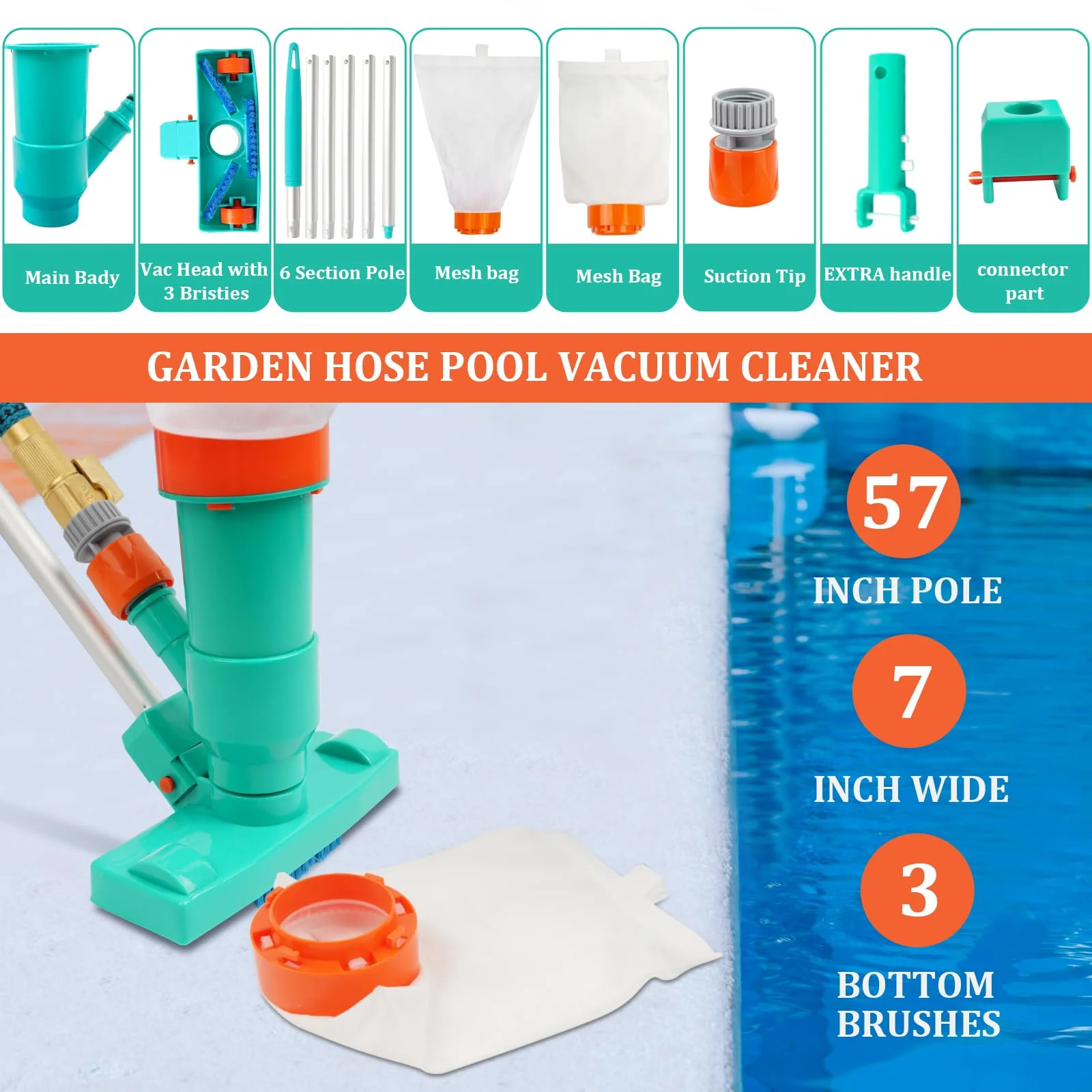 Premium Pool Vacuum Jet Underwater Cleaner, 3 Scrub Brushes, 2 Fine Mesh Bags, 6 Section Telescopic Pole of 56.5" and Handle - for Above Ground Pools,Spas & Ponds - Image 8