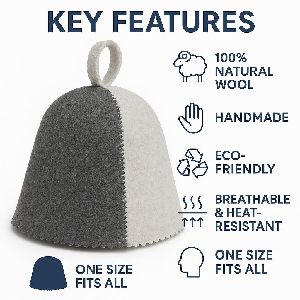 Premium Sauna Hat – 100% Natural Wool, Handmade Sauna Headwear for Men and Women – Eco-Friendly, Breathable, Insulating Hat for Sauna, Steam Room, Banya, and Bathhouse – One Size Fits All, White-Grey - Image 4