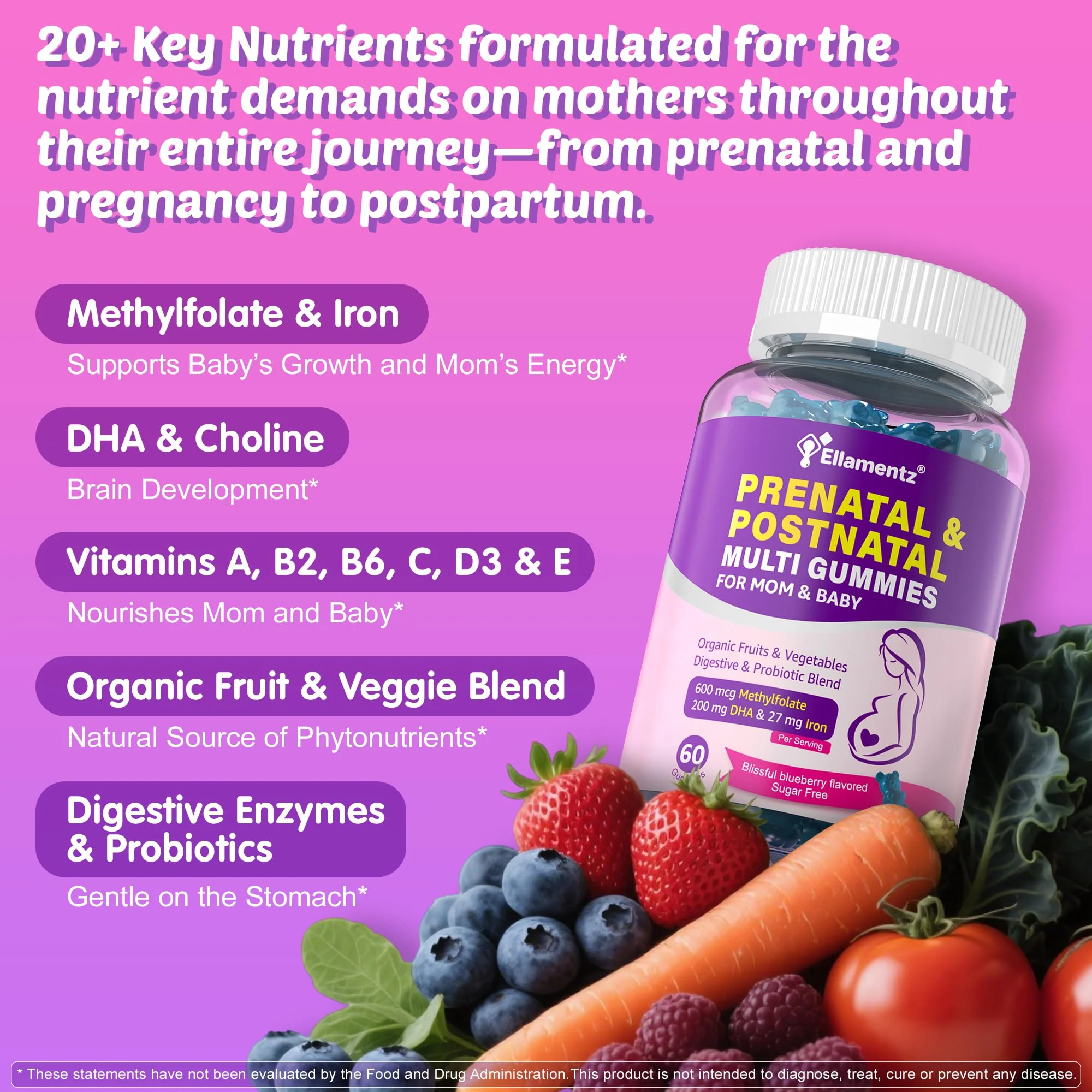 Prenatal Vitamins for Women with Methylfolate, Vegan Omega-3 DHA, Organic Food Blend, Probiotics, Iron, Vitamin D3 B6 B12, Choline, Sugar Free Multivitamin for Women During & Post Pregnancy, 120 Cts - Image 6