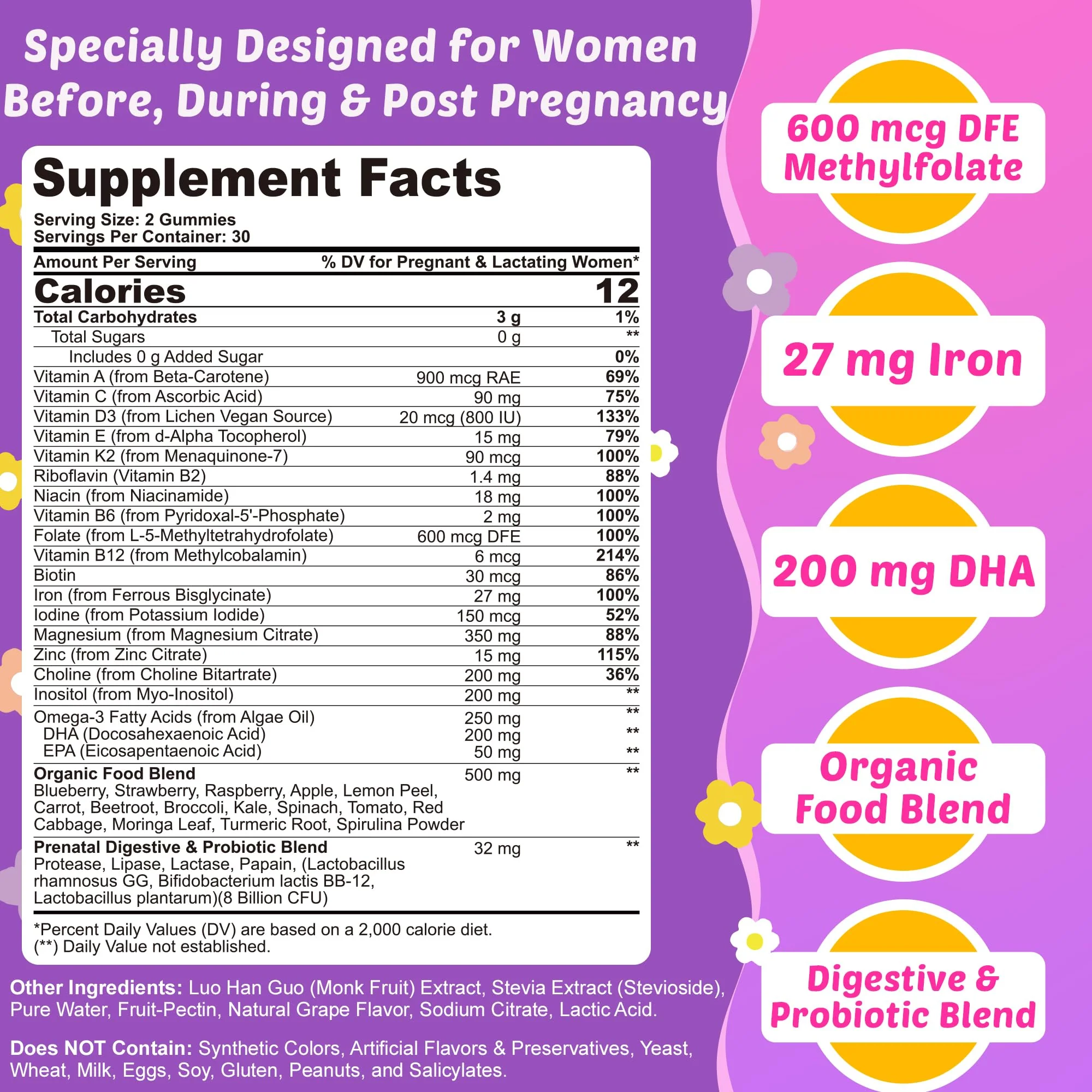 Prenatal Vitamins for Women with Methylfolate, Vegan Omega-3 DHA, Organic Food Blend, Probiotics, Iron, Vitamin D3 B6 B12, Choline, Sugar Free Multivitamin for Women During & Post Pregnancy, 120 Cts - Image 8