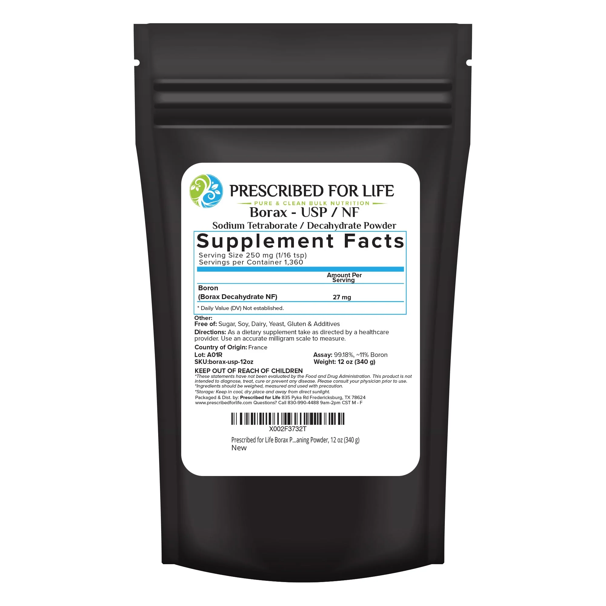 Prescribed for Life Borax Powder, Pure USP NF Grade All Natural Sodium Borate Powder, Household Laundry Booster, Slime Activator & Multipurpose Cleaning Powder (12oz / 340g)