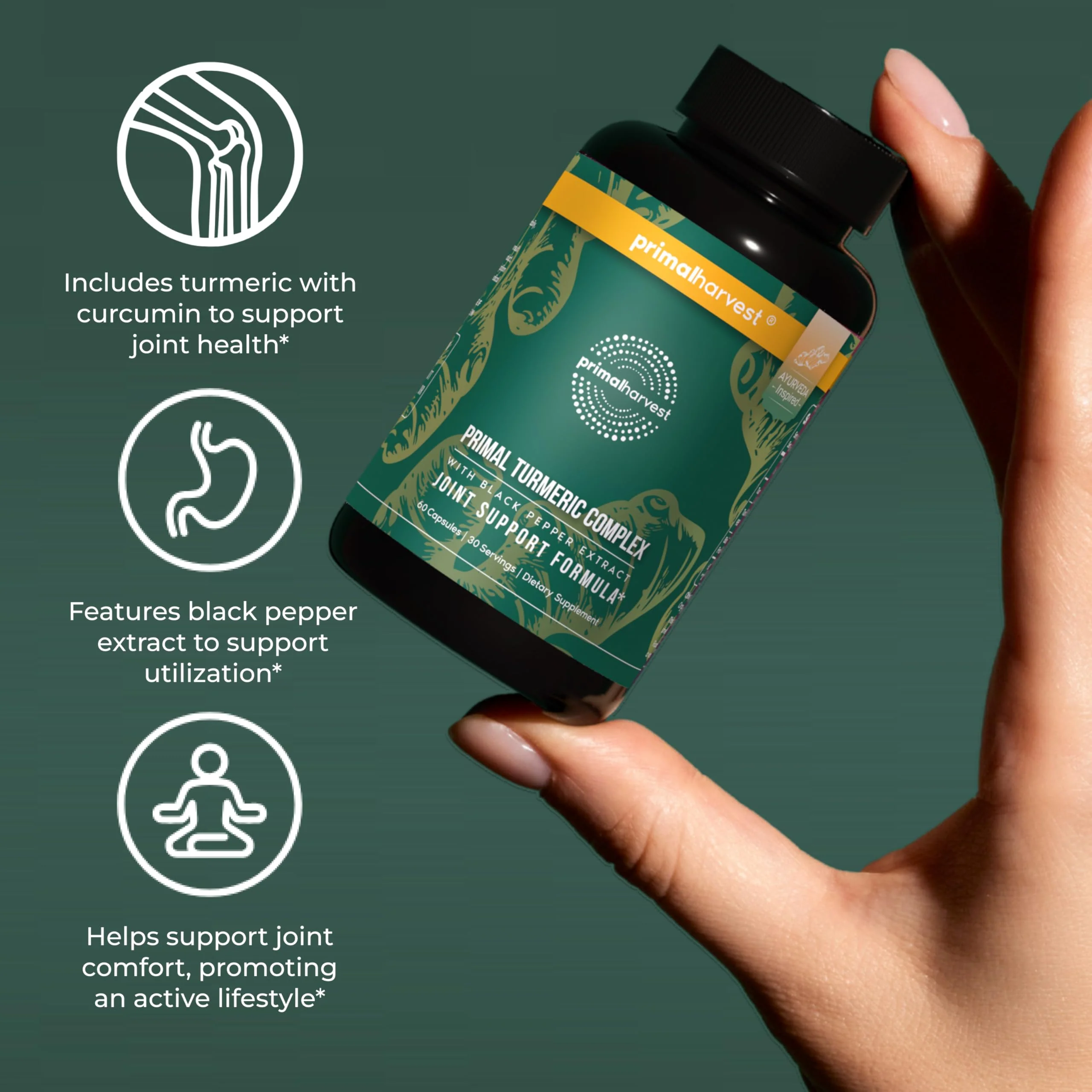 Primal Harvest 1 Pack, Primal Turmeric Complex w/Black Pepper Extract, Joint and Mobility Support Turmeric Supplement for Women & Men, 60 Capsules - Image 3