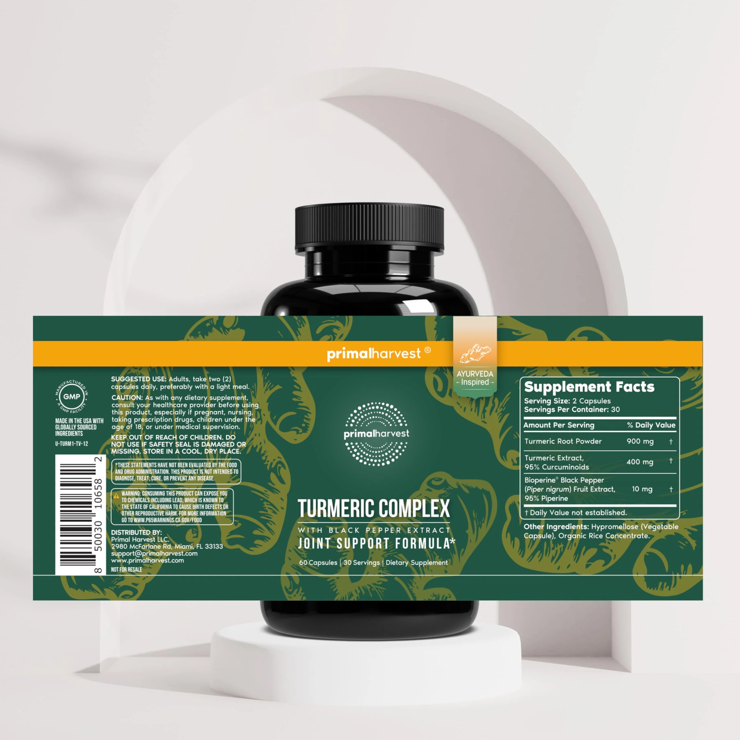 Primal Harvest 1 Pack, Primal Turmeric Complex w/Black Pepper Extract, Joint and Mobility Support Turmeric Supplement for Women & Men, 60 Capsules - Image 4