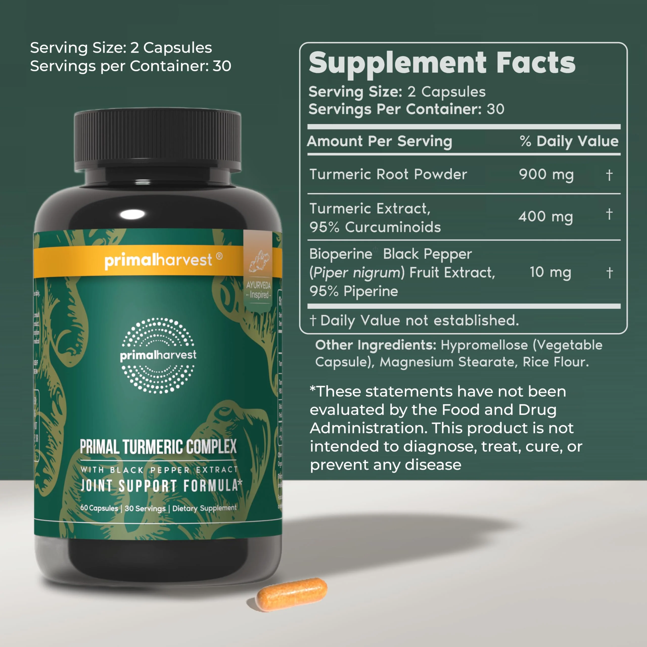 Primal Harvest 1 Pack, Primal Turmeric Complex w/Black Pepper Extract, Joint and Mobility Support Turmeric Supplement for Women & Men, 60 Capsules - Image 7