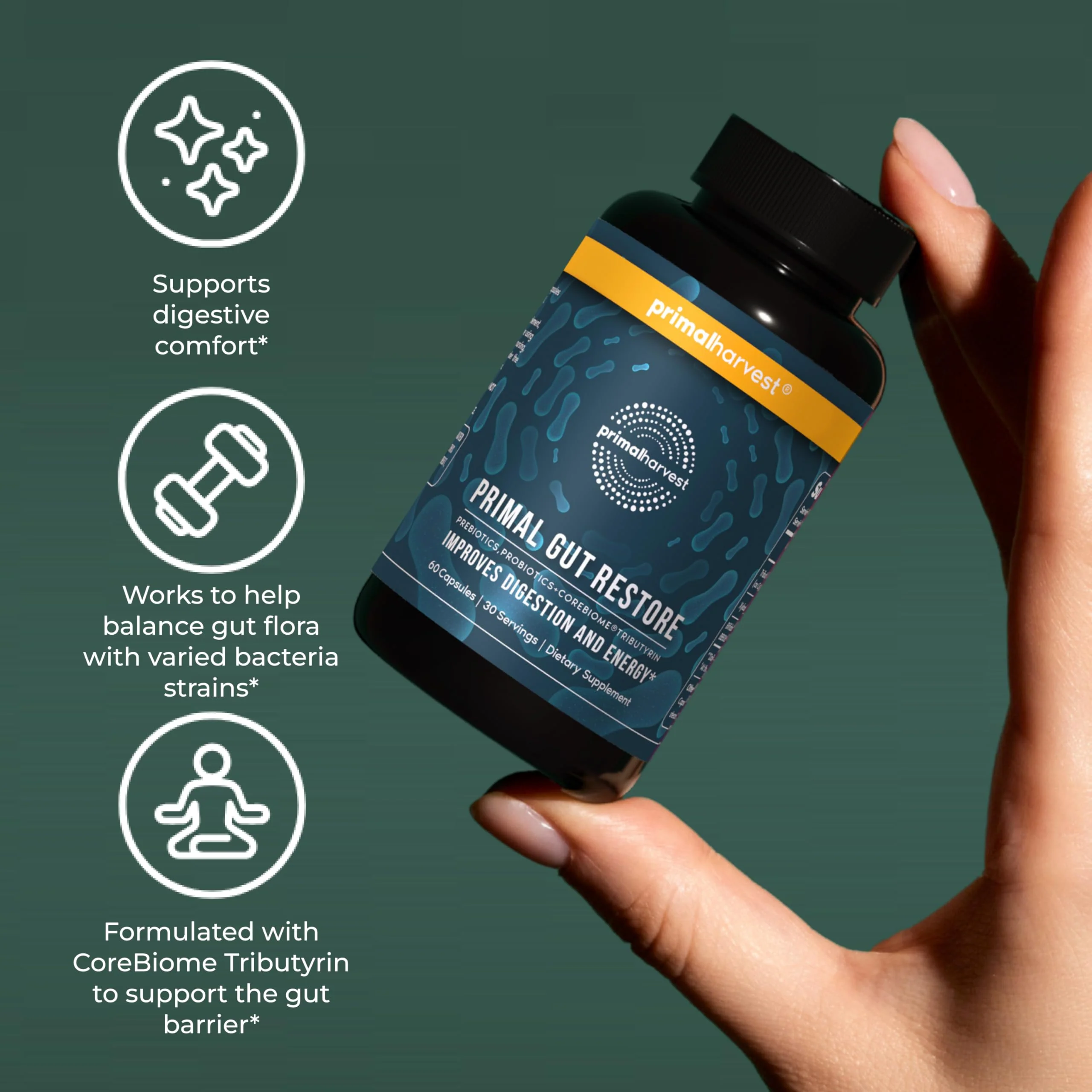 Primal Harvest Restore for Gut Health, Primal Gut Restore w/POSTbiotics, PREbiotics and PRObiotics for Women and Men, 60 CT - Digestion, Colon Cleanse, Immunity Support - Helps Leaky Gut Repair - Image 3