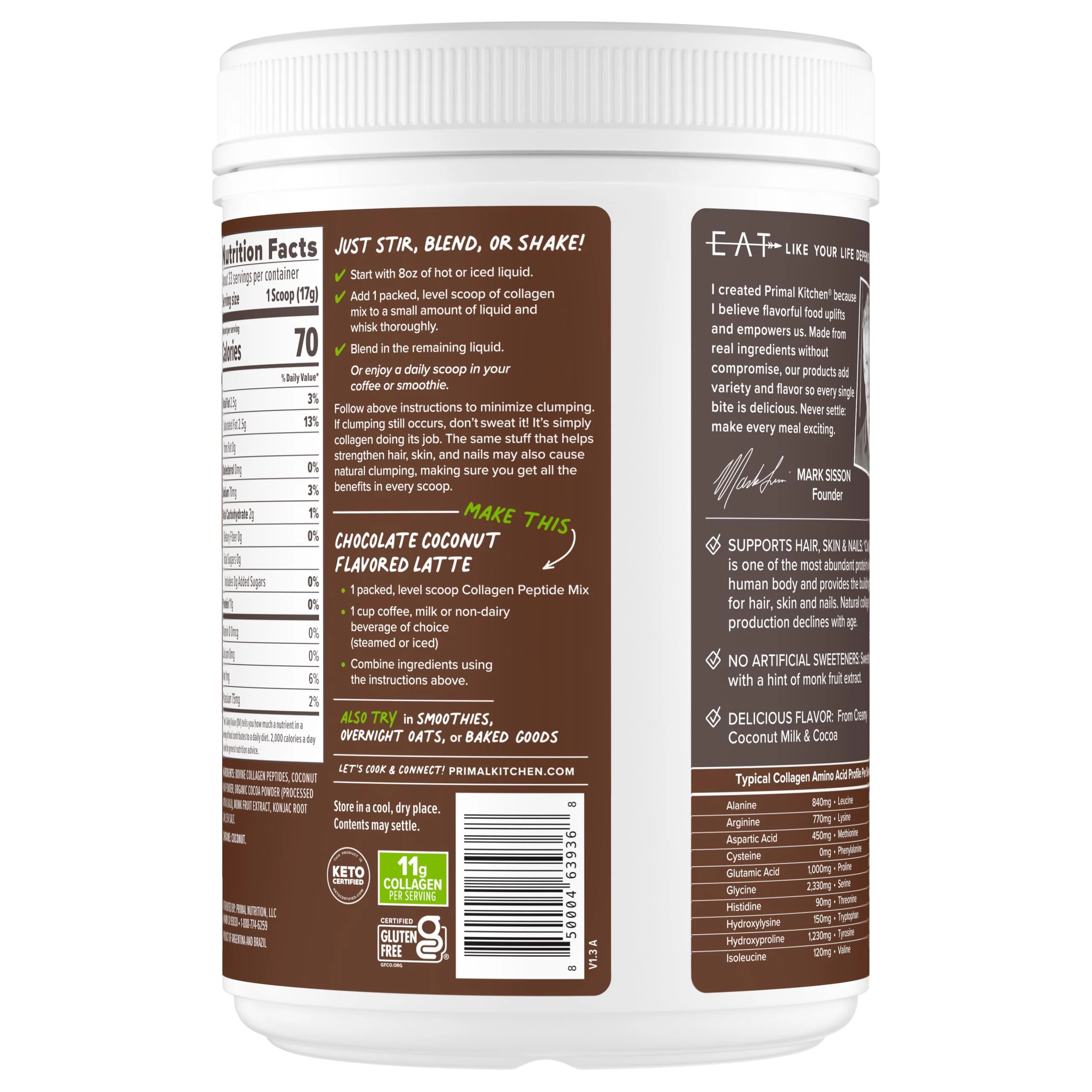 Primal Kitchen Chocolate Collagen Fuel® Drink Mix, Chocolate Coconut Collagen Peptides, No Dairy or Artificial Sweeteners, 20 Ounces - Image 2