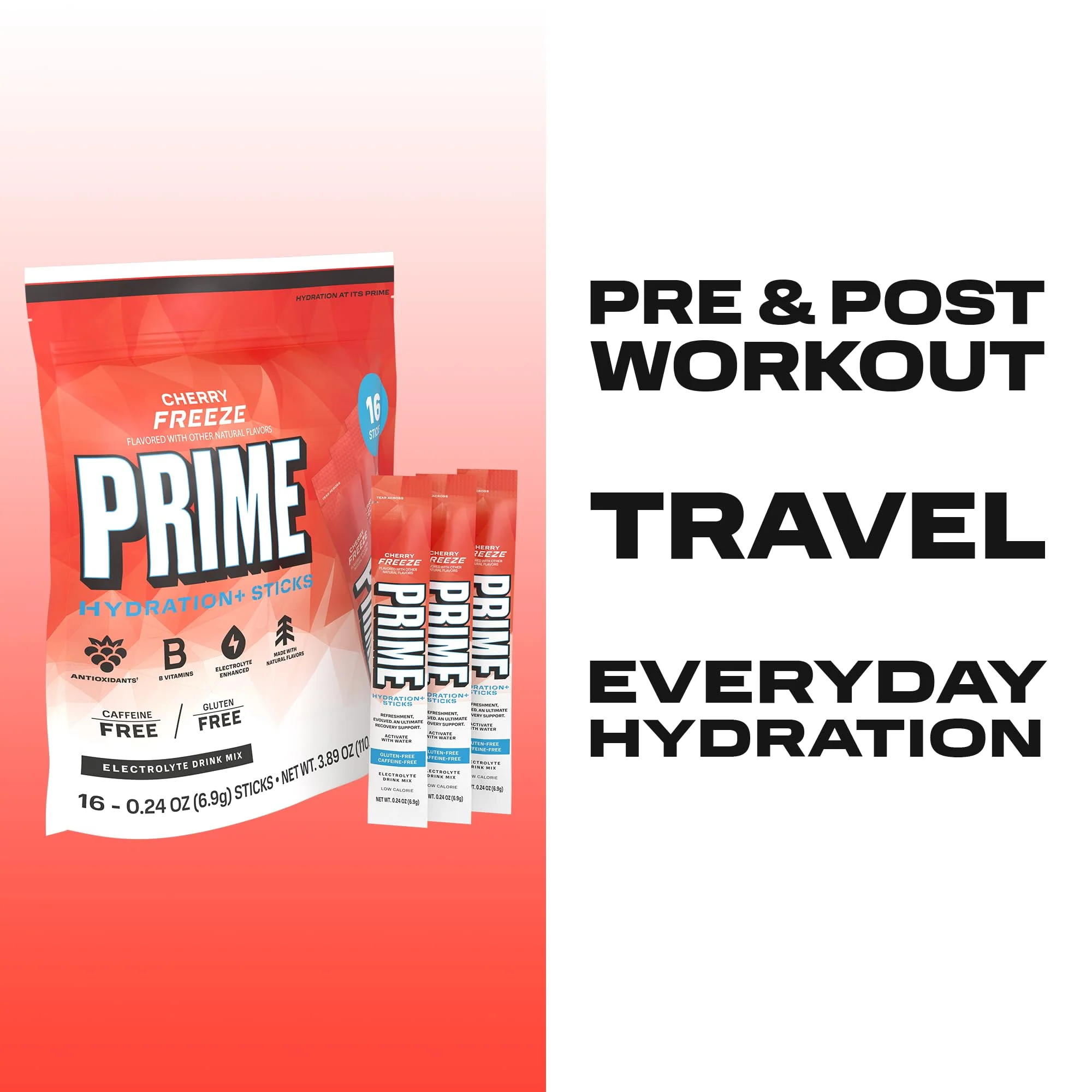PRIME HYDRATION+ Electrolyte Powder Sticks, Strawberry Banana, Sugar Free Hydration Drink Mix with Potassium, Magnesium & B Vitamins to Replenish Fluids, Caffeine Free, 16 Count - Image 5