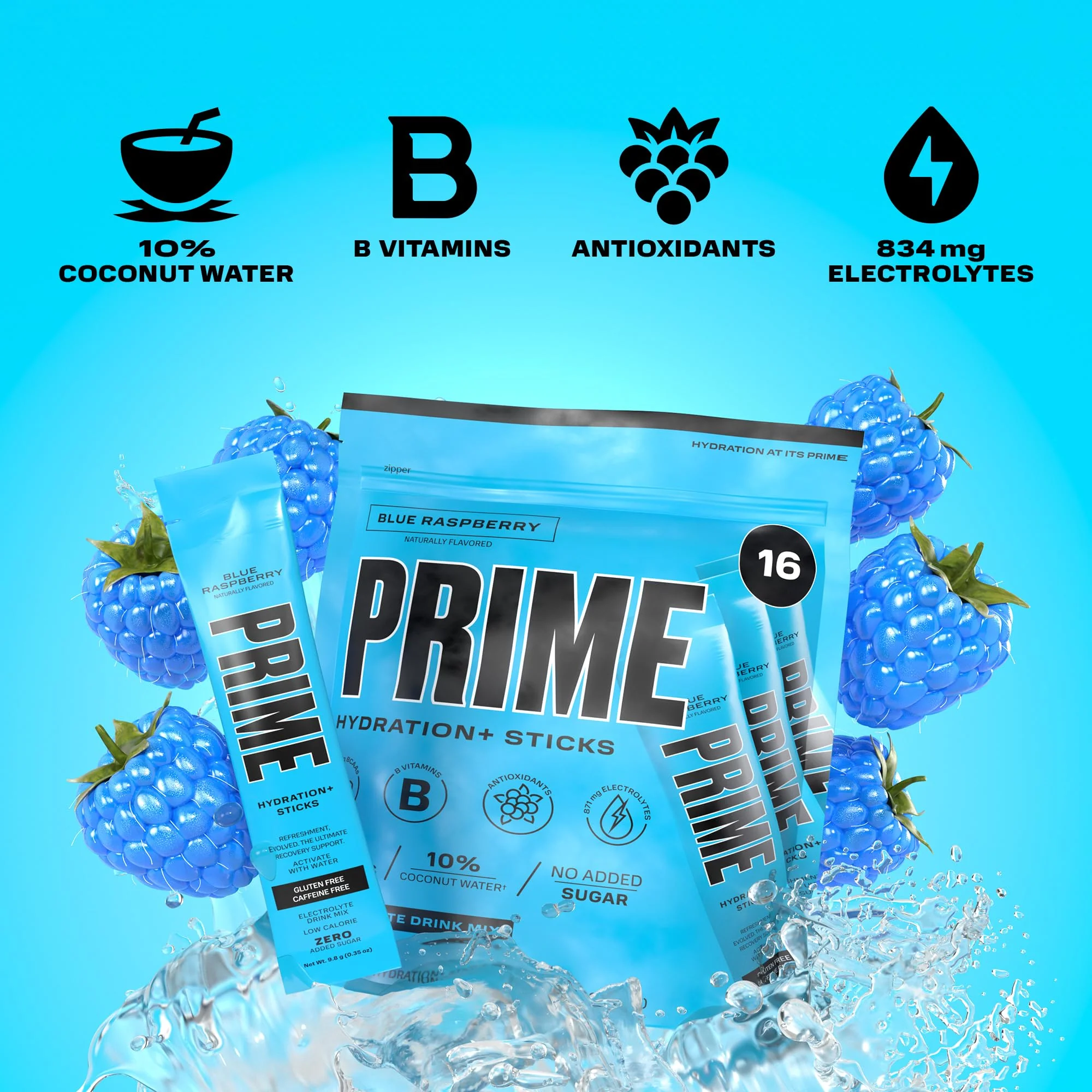 PRIME HYDRATION+ Sticks Blue Raspberry | Hydration Powder Single Serve Sticks | Electrolyte Powder On The Go | 250mg BCAAs, B Vitamins, Antioxidants | Low Sugar | Caffeine-Free | Vegan | 48 Sticks - Image 3