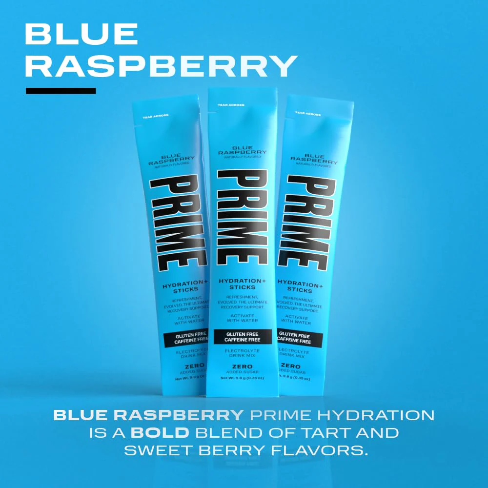 PRIME HYDRATION+ Sticks Blue Raspberry | Hydration Powder Single Serve Sticks | Electrolyte Powder On The Go | 250mg BCAAs, B Vitamins, Antioxidants | Low Sugar | Caffeine-Free | Vegan | 48 Sticks - Image 4