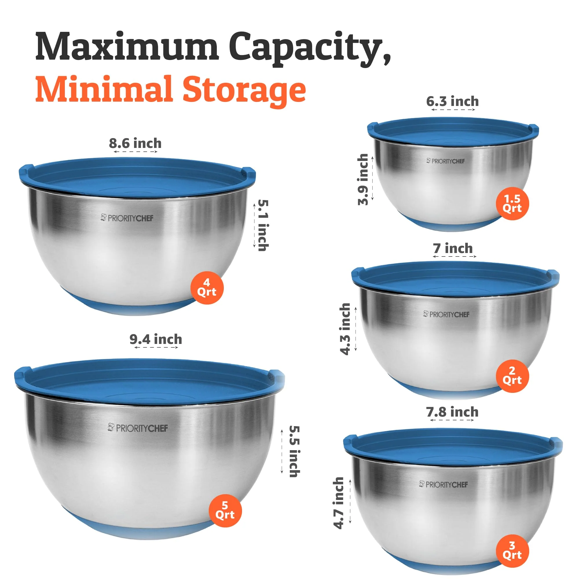 Priority Chef Premium Mixing Bowls With Airtight Lids Set, Thicker Stainless Steel Mixing Bowl Set, Large Prep Metal Bowls with Lids, Nesting Bowls for Kitchen, 1.5/2/3/4/5 Qrt, Blue - Image 6
