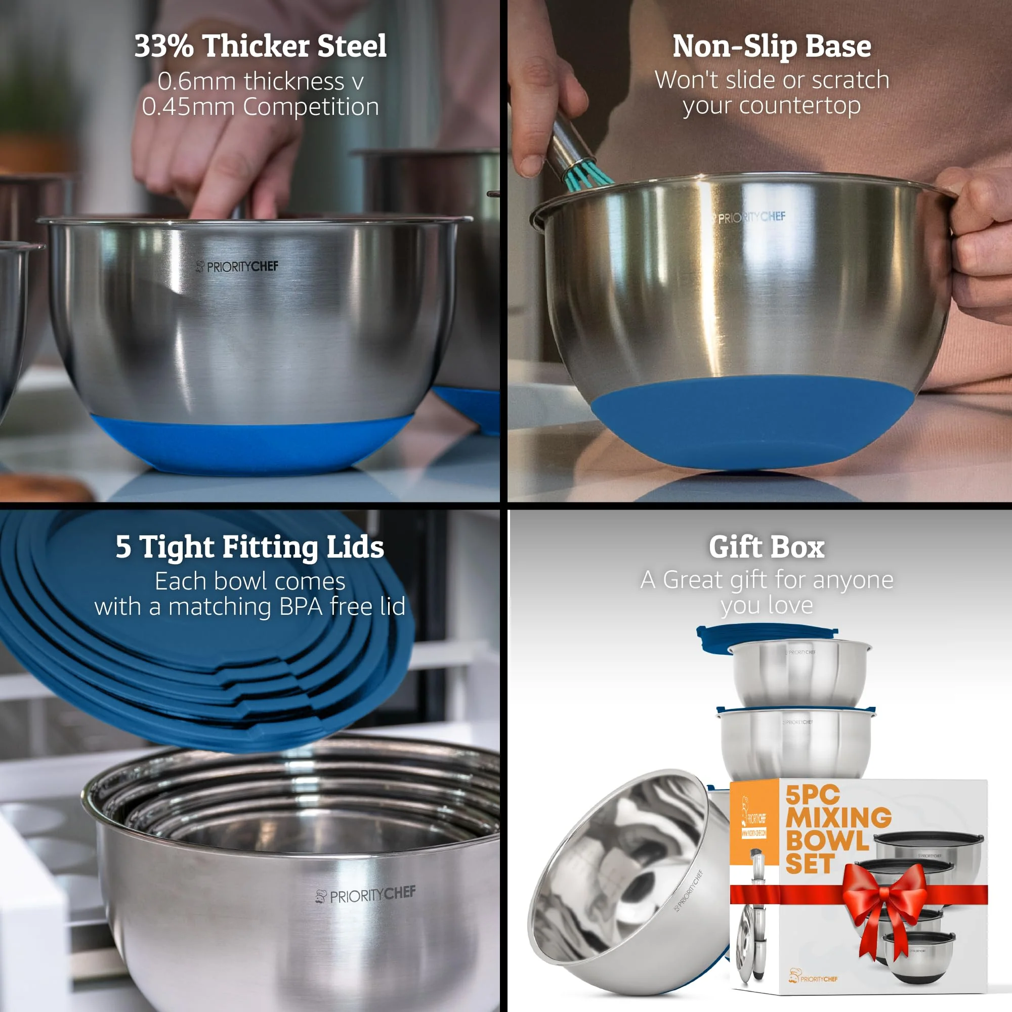 Priority Chef Premium Mixing Bowls With Airtight Lids Set, Thicker Stainless Steel Mixing Bowl Set, Large Prep Metal Bowls with Lids, Nesting Bowls for Kitchen, 1.5/2/3/4/5 Qrt, Blue - Image 7
