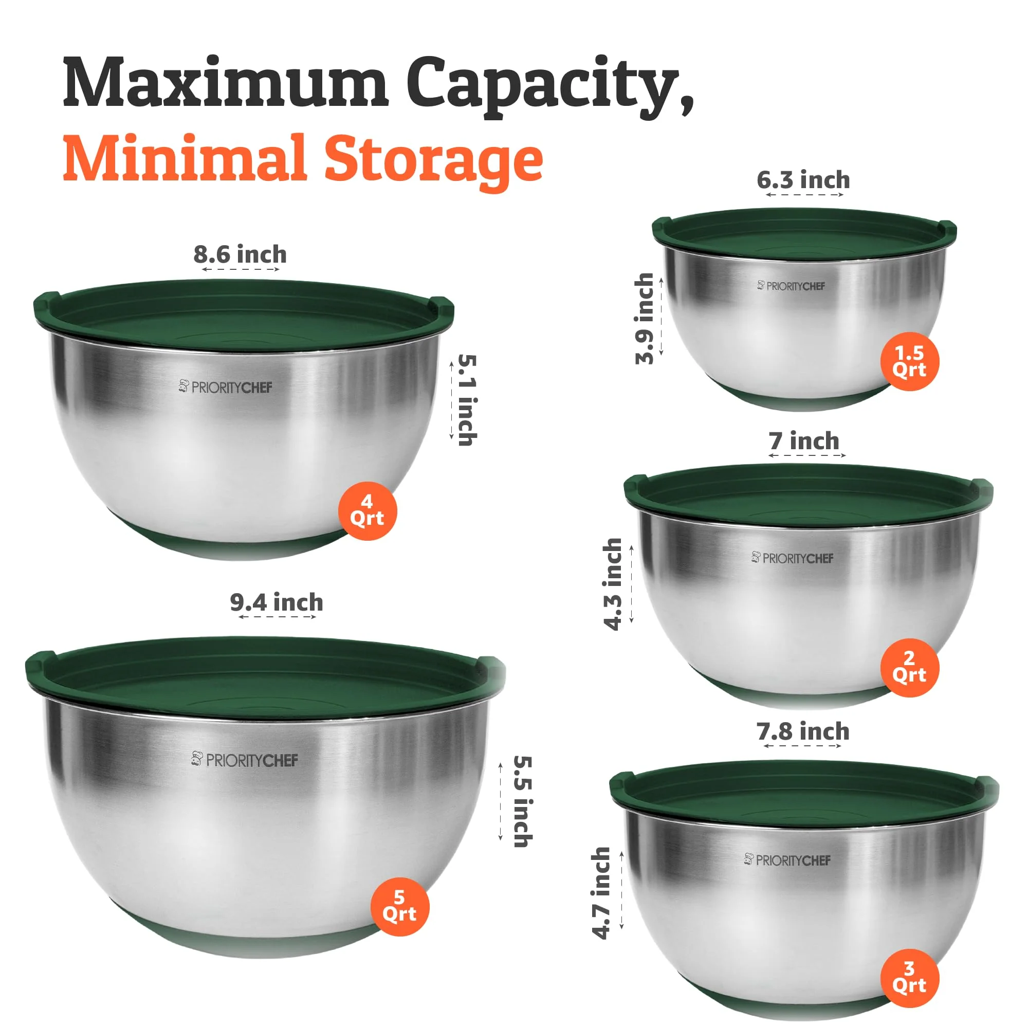 Priority Chef Premium Mixing Bowls With Airtight Lids Set, Thicker Stainless Steel Mixing Bowl Set, Large Prep Metal Bowls with Lids, Nesting Bowls for Kitchen, 1.5/2/3/4/5 Qrt, Green - Image 6