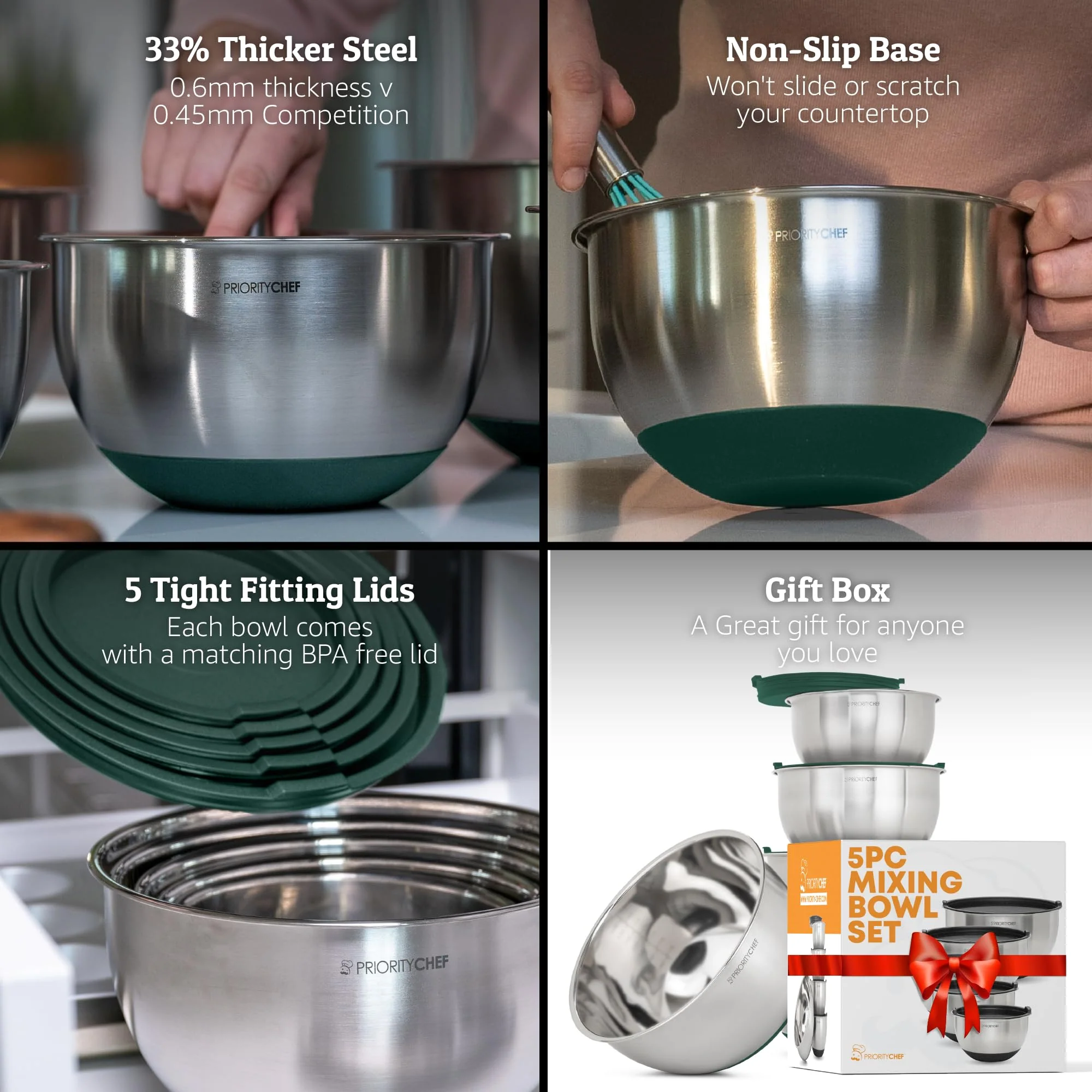 Priority Chef Premium Mixing Bowls With Airtight Lids Set, Thicker Stainless Steel Mixing Bowl Set, Large Prep Metal Bowls with Lids, Nesting Bowls for Kitchen, 1.5/2/3/4/5 Qrt, Green - Image 7