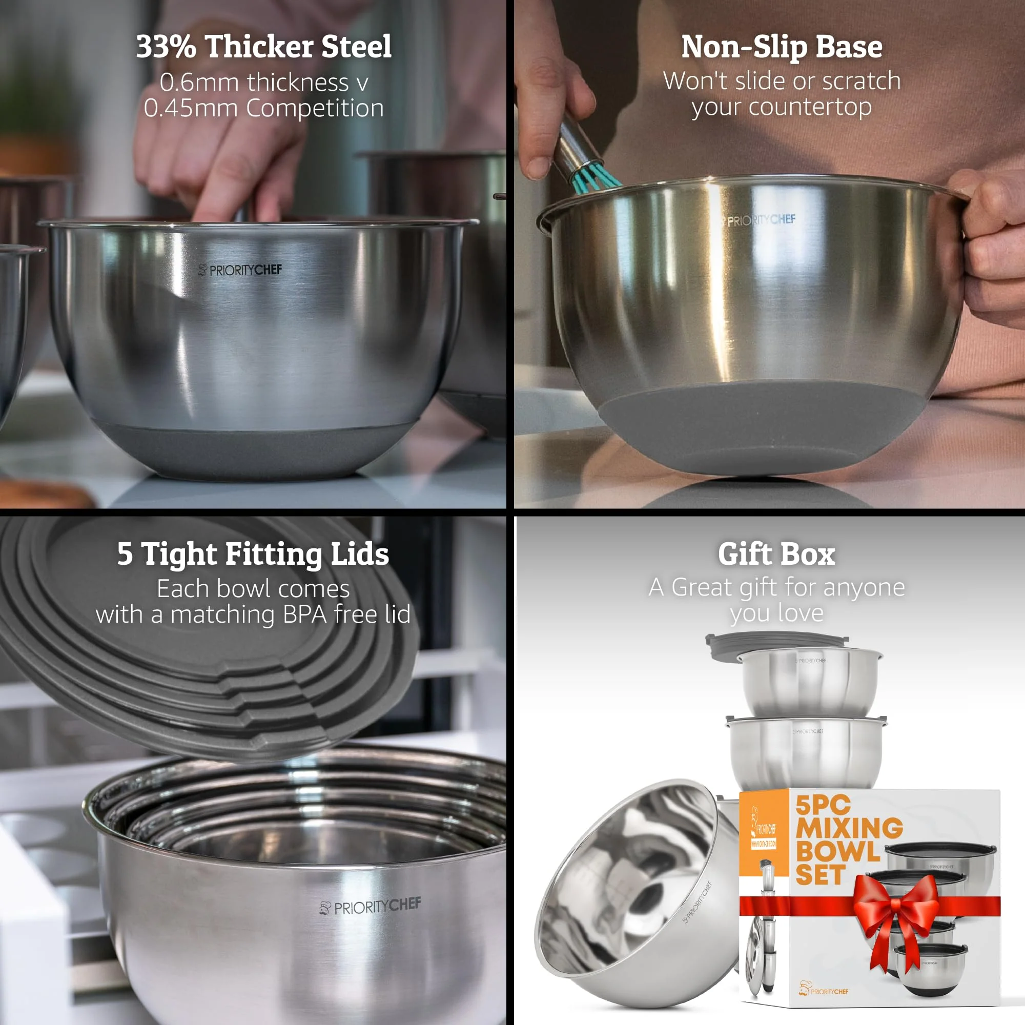Priority Chef Premium Mixing Bowls With Airtight Lids Set, Thicker Stainless Steel Mixing Bowl Set, Large Prep Metal Bowls with Lids, Nesting Bowls for Kitchen, 1.5/2/3/4/5 Qrt, Grey - Image 7