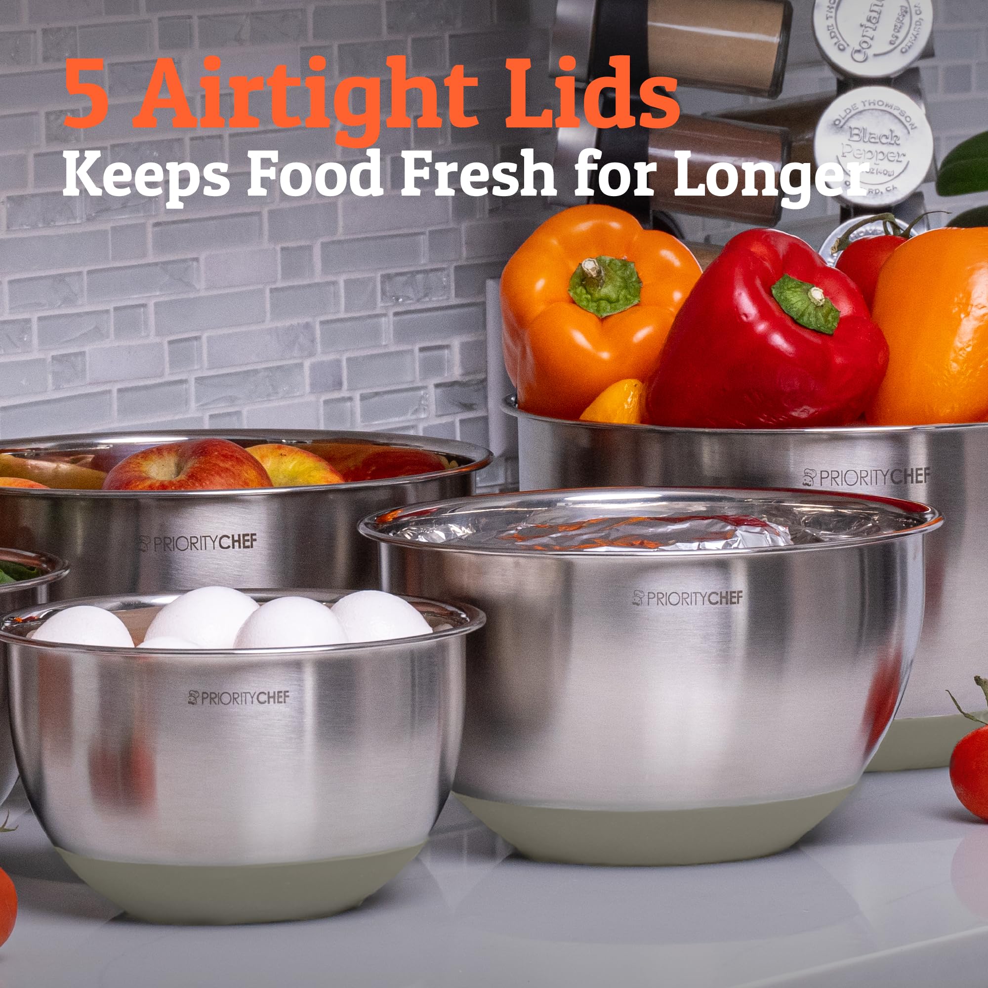Priority Chef Premium Mixing Bowls With Airtight Lids Set, Thicker Stainless Steel Mixing Bowl Set, Large Prep Metal Bowls with Lids, Nesting Bowls for Kitchen, 1.5/2/3/4/5 Qrt, Khaki - Image 2