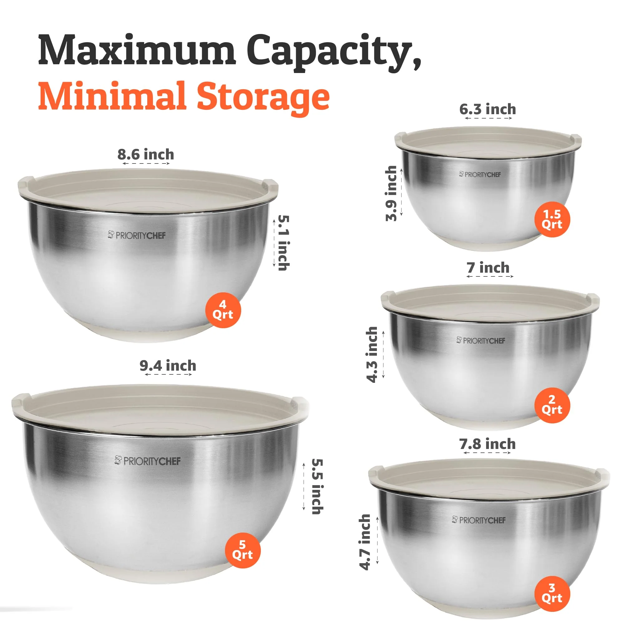 Priority Chef Premium Mixing Bowls With Airtight Lids Set, Thicker Stainless Steel Mixing Bowl Set, Large Prep Metal Bowls with Lids, Nesting Bowls for Kitchen, 1.5/2/3/4/5 Qrt, Khaki - Image 7