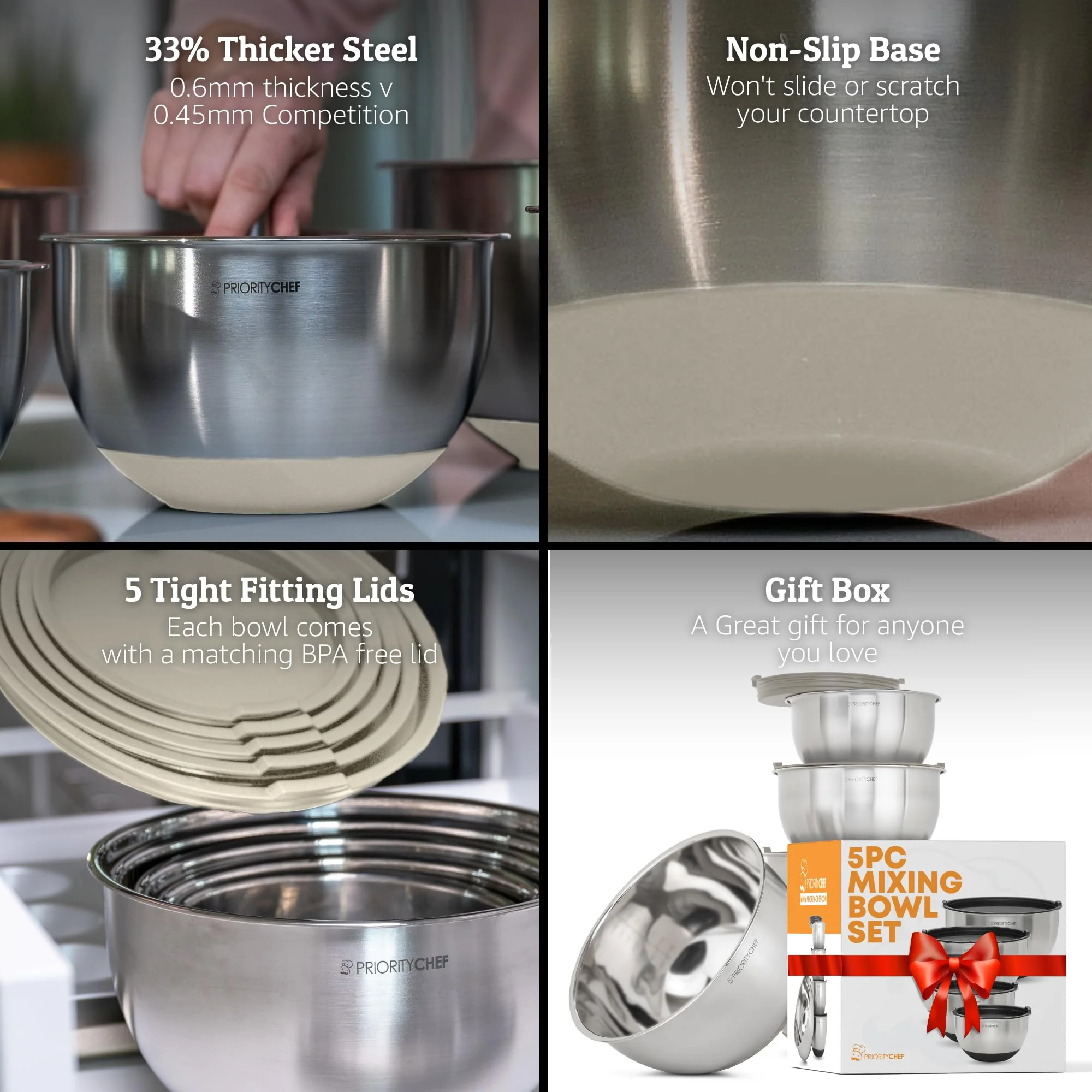 Priority Chef Premium Mixing Bowls With Airtight Lids Set, Thicker Stainless Steel Mixing Bowl Set, Large Prep Metal Bowls with Lids, Nesting Bowls for Kitchen, 1.5/2/3/4/5 Qrt, Khaki - Image 8
