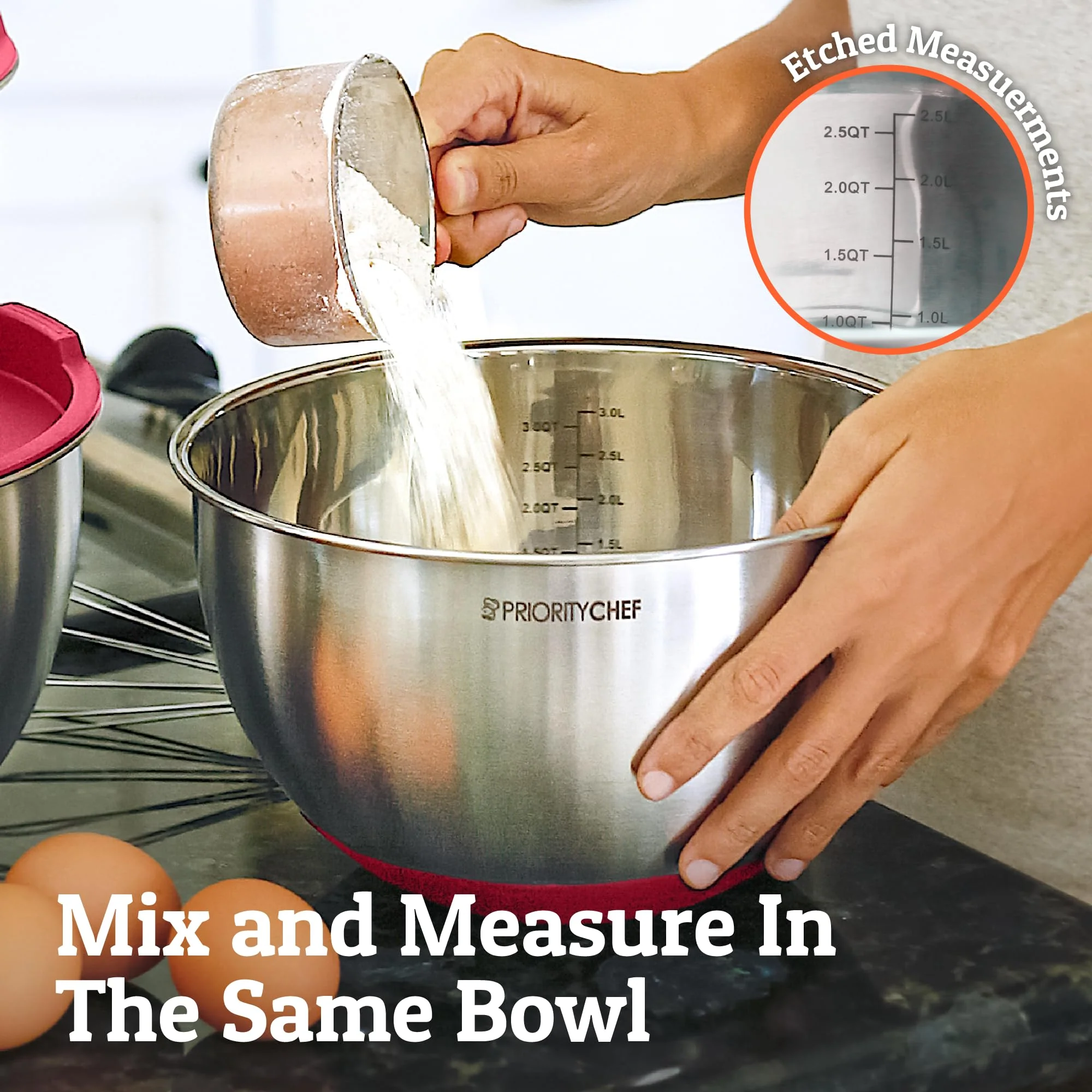 Priority Chef Premium Mixing Bowls With Airtight Lids Set, Thicker Stainless Steel Mixing Bowl Set, Large Prep Metal Bowls with Lids, Nesting Bowls for Kitchen, 1.5/2/3/4/5 Qrt, Red - Image 2