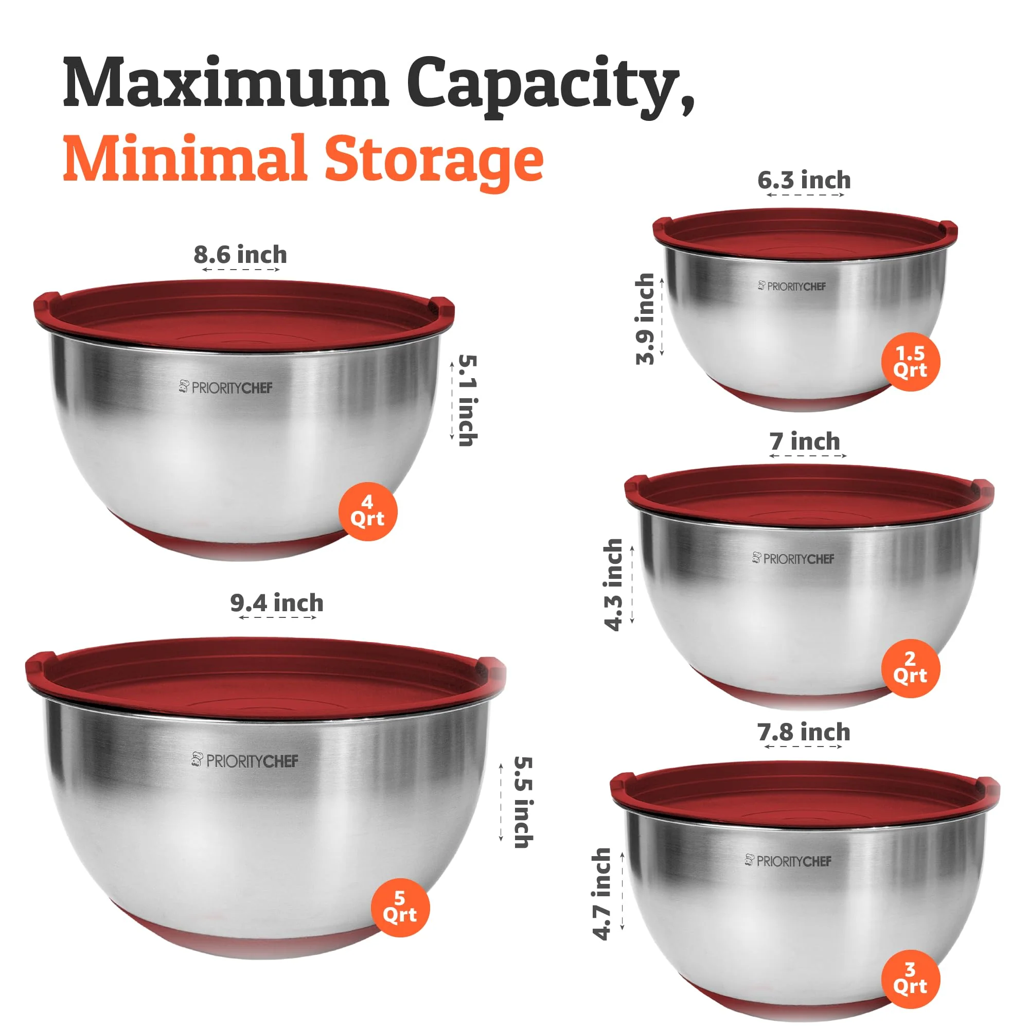 Priority Chef Premium Mixing Bowls With Airtight Lids Set, Thicker Stainless Steel Mixing Bowl Set, Large Prep Metal Bowls with Lids, Nesting Bowls for Kitchen, 1.5/2/3/4/5 Qrt, Red - Image 6