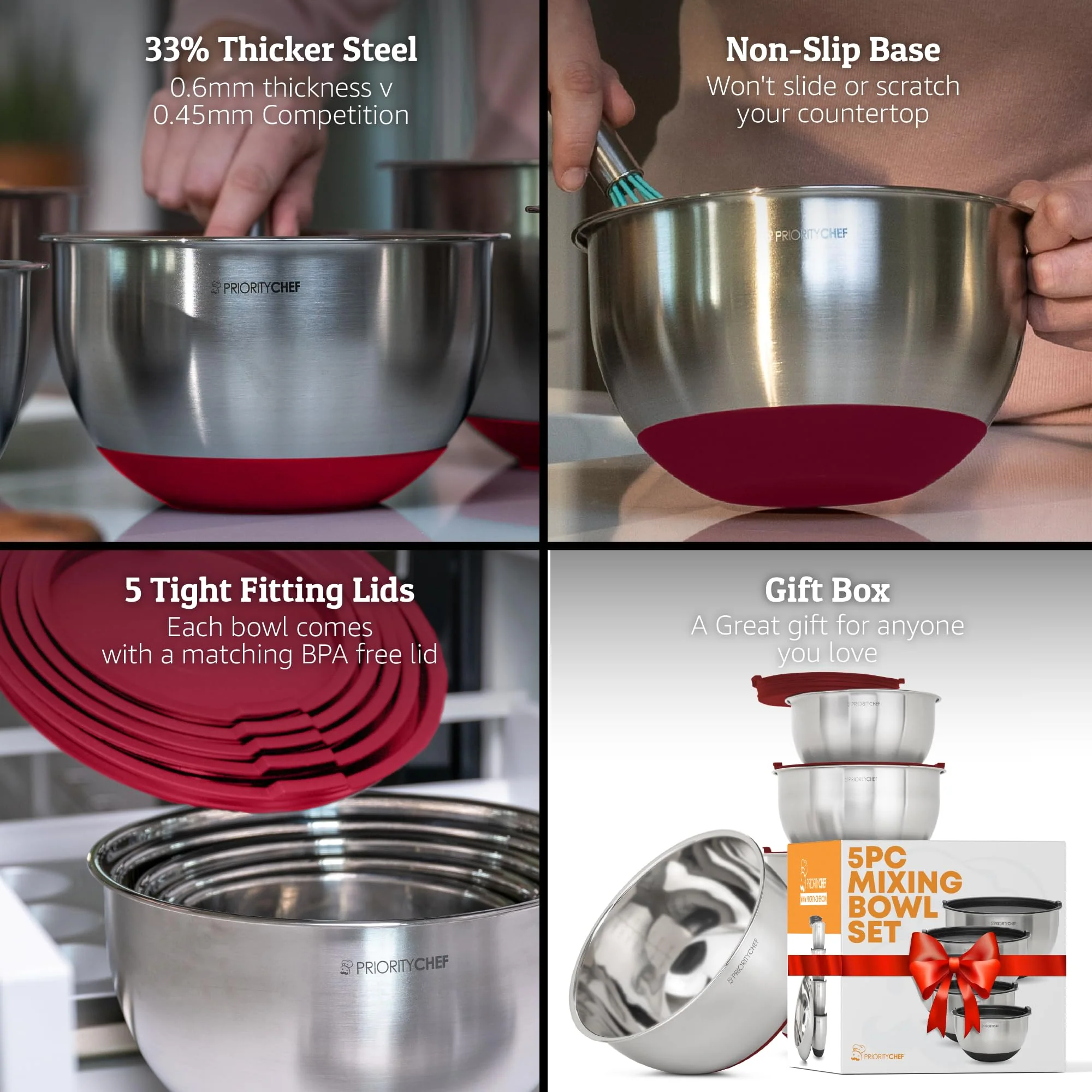 Priority Chef Premium Mixing Bowls With Airtight Lids Set, Thicker Stainless Steel Mixing Bowl Set, Large Prep Metal Bowls with Lids, Nesting Bowls for Kitchen, 1.5/2/3/4/5 Qrt, Red - Image 7