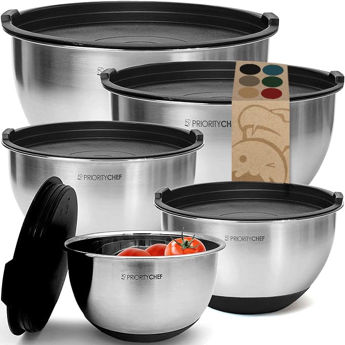 Priority Chef Premium Mixing Bowls With Lids Set, Airtight Lids, Thicker Stainless Steel Mixing Bowl Set, Large Prep Metal Bowls, Nesting Bowls for Kitchen, 1.5/2/3/4/5 Qrt, Black - Image 2