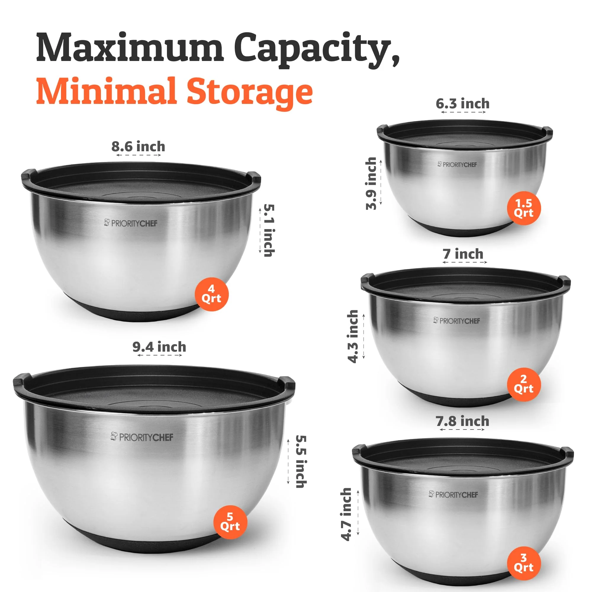 Priority Chef Premium Mixing Bowls With Lids Set, Airtight Lids, Thicker Stainless Steel Mixing Bowl Set, Large Prep Metal Bowls, Nesting Bowls for Kitchen, 1.5/2/3/4/5 Qrt, Black - Image 7