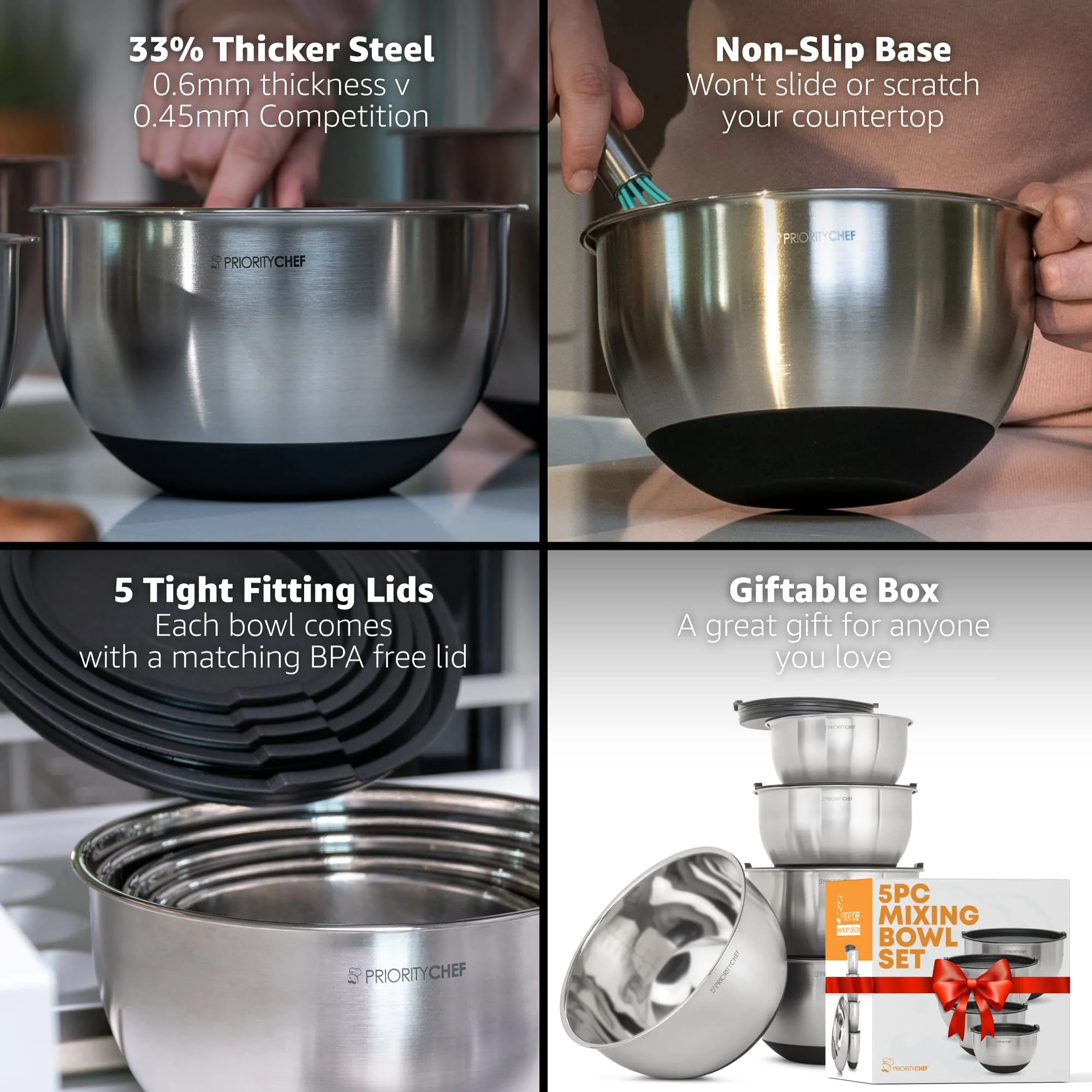 Priority Chef Premium Mixing Bowls With Lids Set, Airtight Lids, Thicker Stainless Steel Mixing Bowl Set, Large Prep Metal Bowls, Nesting Bowls for Kitchen, 1.5/2/3/4/5 Qrt, Black - Image 8