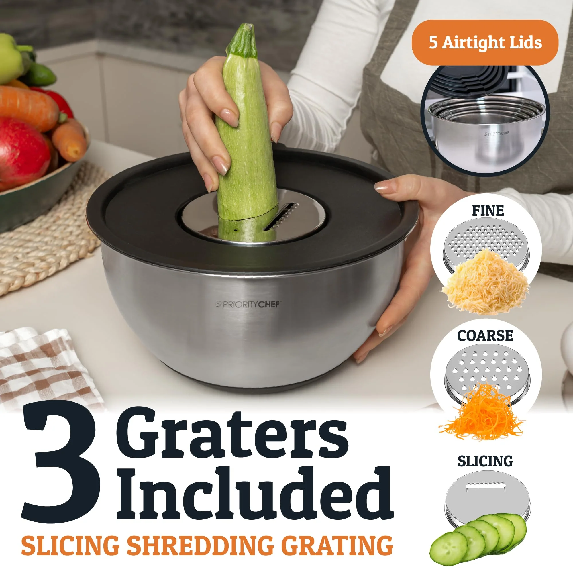 Priority Chef Stainless Steel Mixing Bowls with Lids Set, 3 Grater Attachments, Airtight Lids, Non-Slip Silicone Base Mixing Bowl Set, Large Prep Metal Mixing Bowls for Kitchen, Black - Image 6