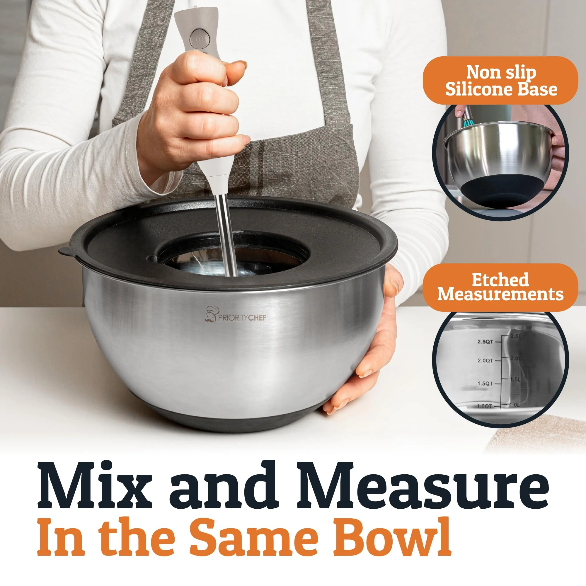 Priority Chef Stainless Steel Mixing Bowls with Lids Set, 3 Grater Attachments, Airtight Lids, Non-Slip Silicone Base Mixing Bowl Set, Large Prep Metal Mixing Bowls for Kitchen, Black - Image 7