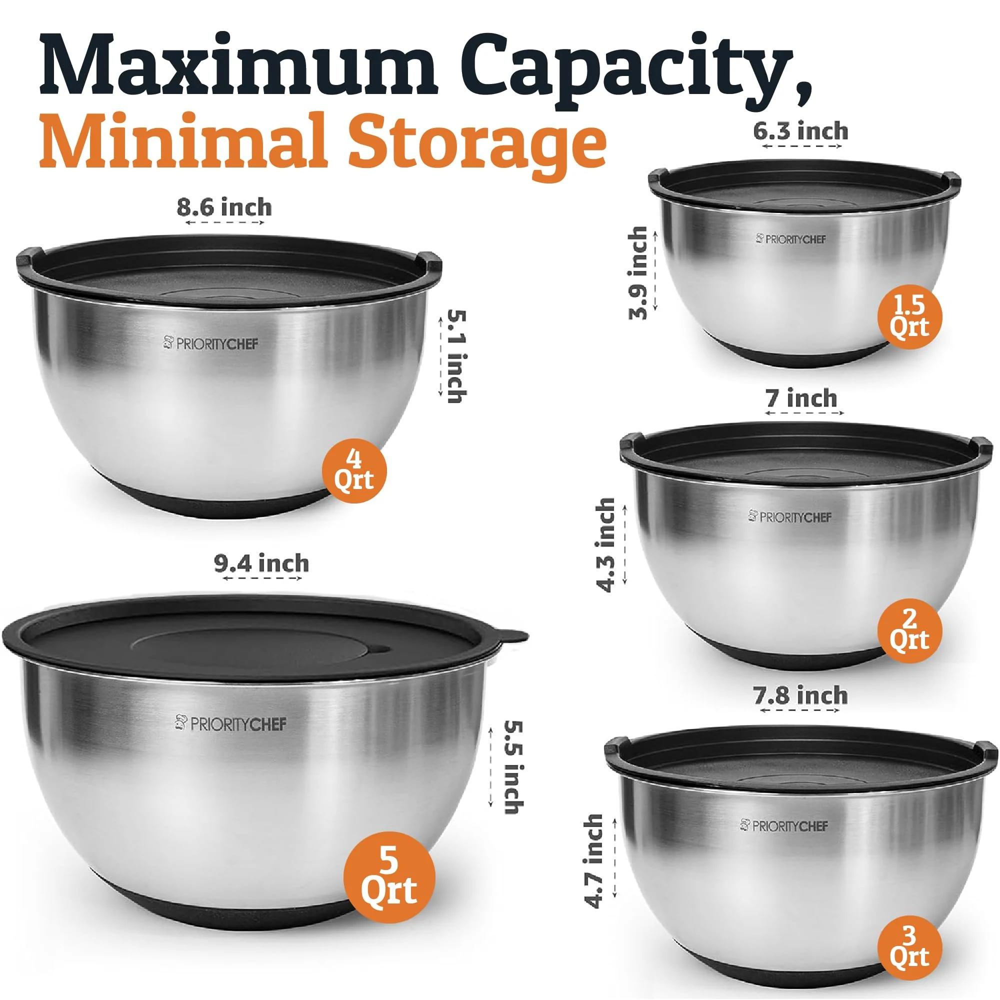 Priority Chef Stainless Steel Mixing Bowls with Lids Set, 3 Grater Attachments, Airtight Lids, Non-Slip Silicone Base Mixing Bowl Set, Large Prep Metal Mixing Bowls for Kitchen, Black - Image 8