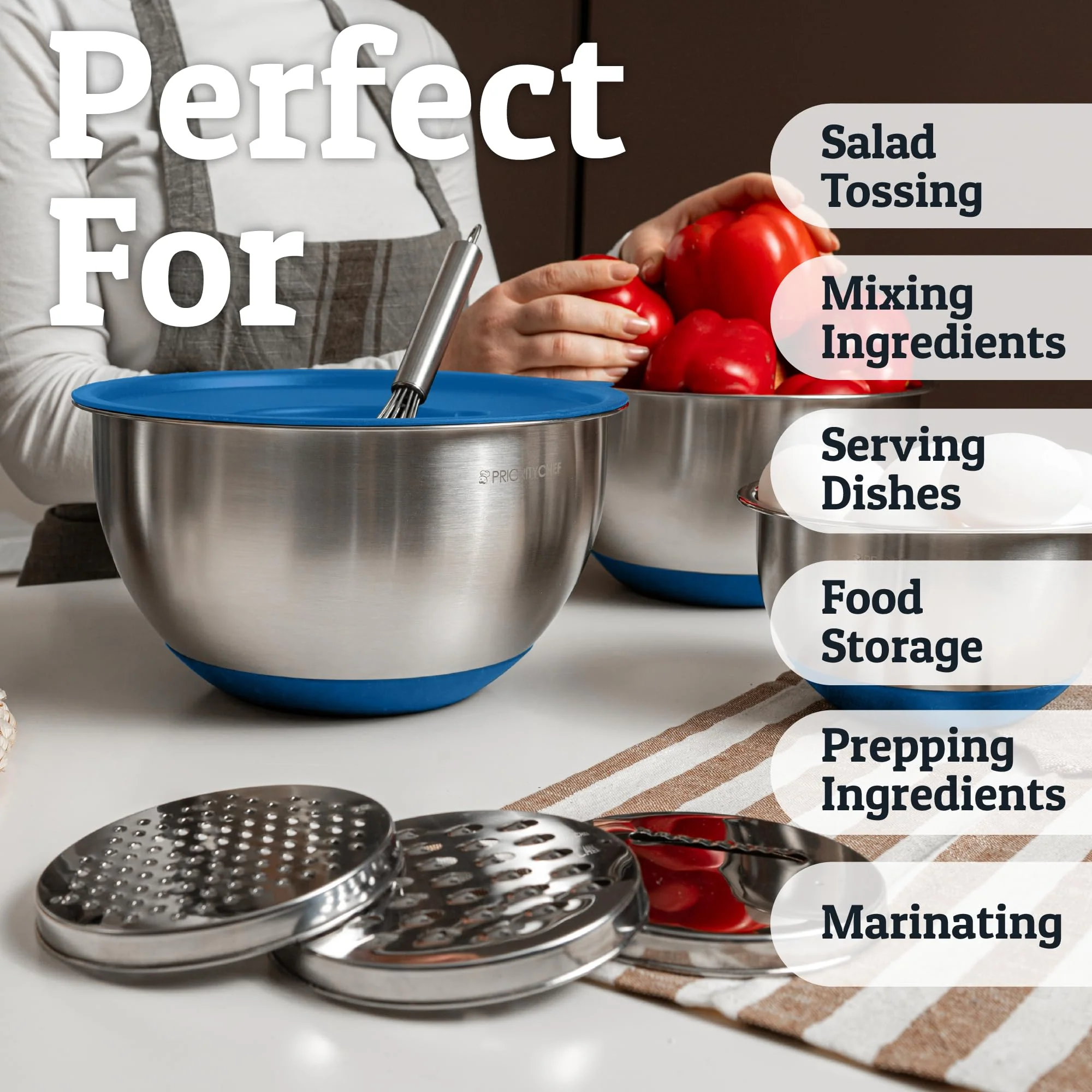 Priority Chef Stainless Steel Mixing Bowls with Lids Set, 3 Grater Attachments, Airtight Lids, Non-Slip Silicone Base Mixing Bowl Set, Large Prep Metal Mixing Bowls for Kitchen, Blue - Image 4