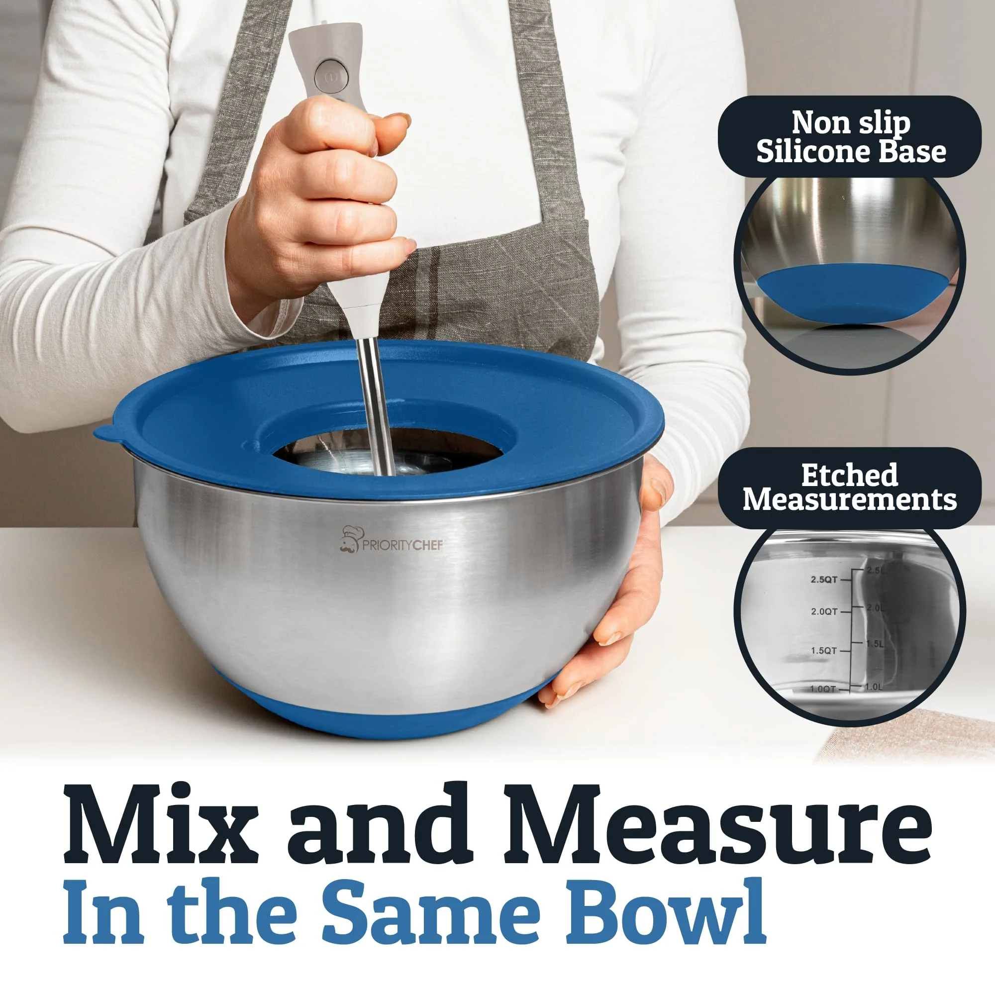 Priority Chef Stainless Steel Mixing Bowls with Lids Set, 3 Grater Attachments, Airtight Lids, Non-Slip Silicone Base Mixing Bowl Set, Large Prep Metal Mixing Bowls for Kitchen, Blue - Image 7