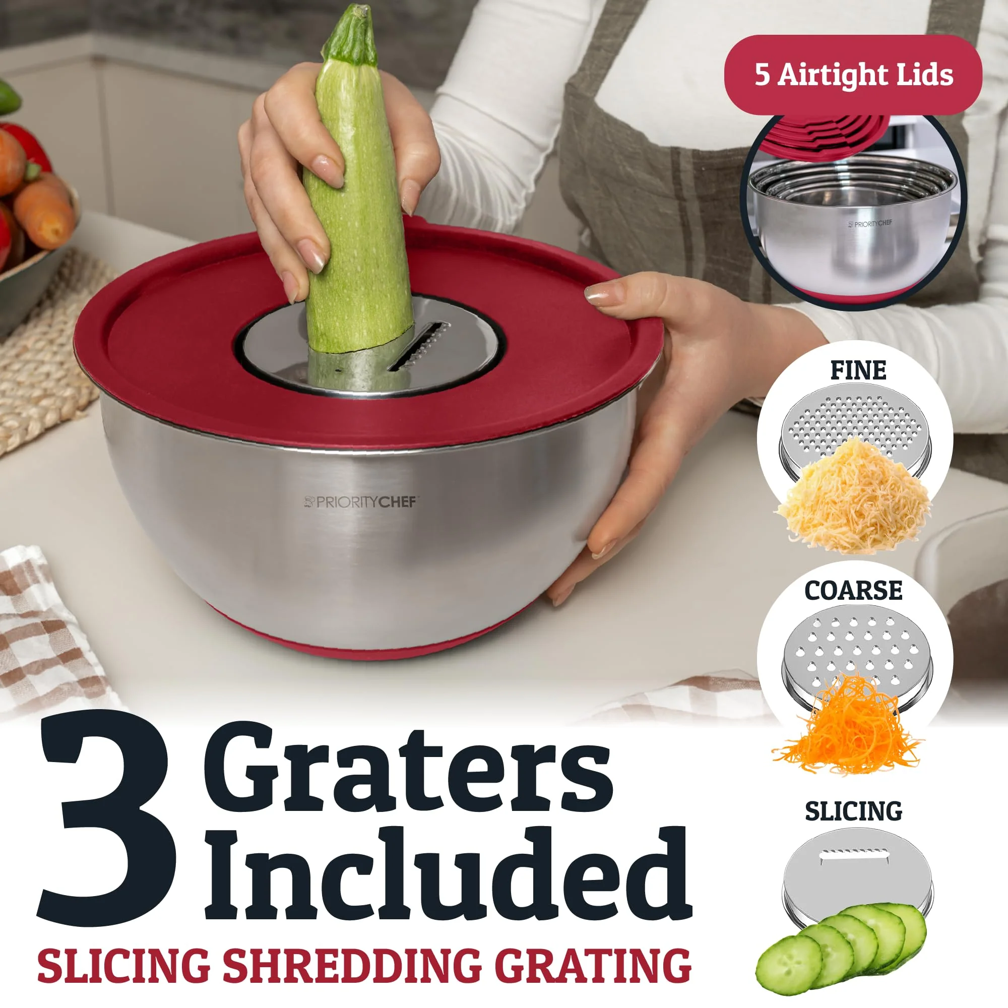Priority Chef Stainless Steel Mixing Bowls with Lids Set, 3 Grater Attachments, Airtight Lids, Non-Slip Silicone Base Mixing Bowl Set, Large Prep Metal Mixing Bowls for Kitchen, Green - Image 6