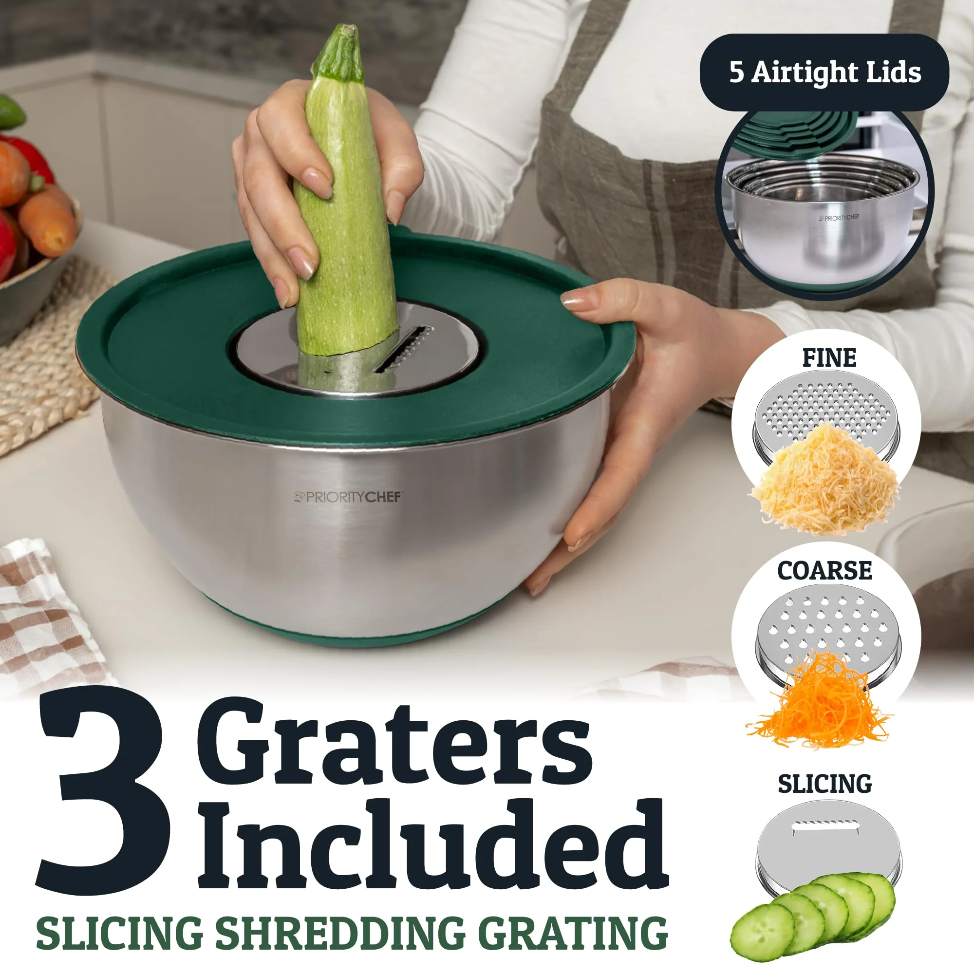 Priority Chef Stainless Steel Mixing Bowls with Lids Set, 3 Grater Attachments, Airtight Lids, Non-Slip Silicone Base Mixing Bowl Set, Large Prep Metal Mixing Bowls for Kitchen, Green - Image 6