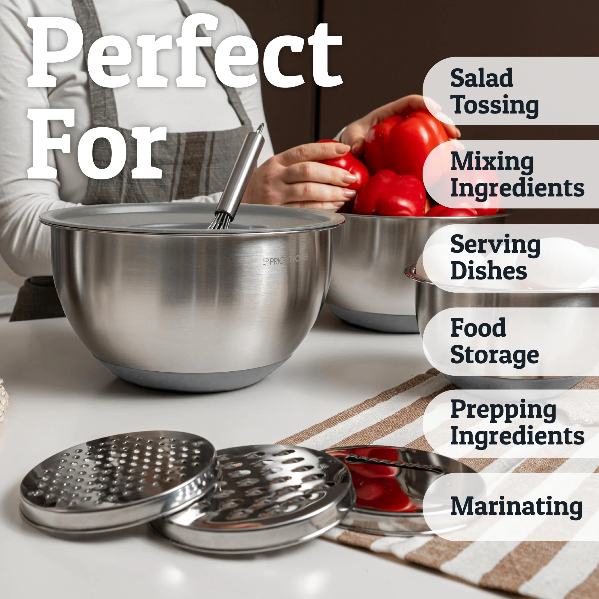 Priority Chef Stainless Steel Mixing Bowls with Lids Set, 3 Grater Attachments, Airtight Lids, Non-Slip Silicone Base Mixing Bowl Set, Large Prep Metal Mixing Bowls for Kitchen, Grey - Image 4