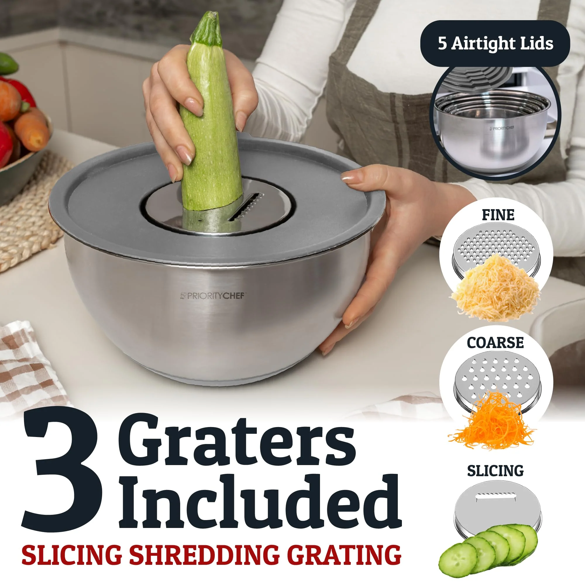 Priority Chef Stainless Steel Mixing Bowls with Lids Set, 3 Grater Attachments, Airtight Lids, Non-Slip Silicone Base Mixing Bowl Set, Large Prep Metal Mixing Bowls for Kitchen, Grey - Image 6