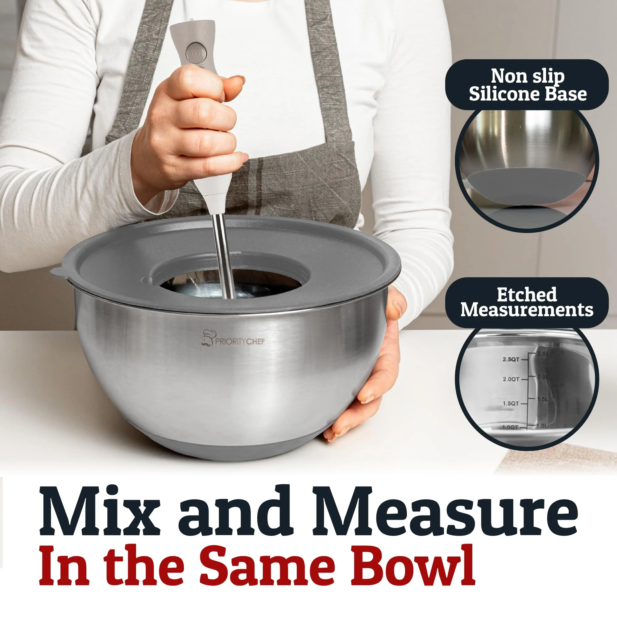 Priority Chef Stainless Steel Mixing Bowls with Lids Set, 3 Grater Attachments, Airtight Lids, Non-Slip Silicone Base Mixing Bowl Set, Large Prep Metal Mixing Bowls for Kitchen, Grey - Image 7