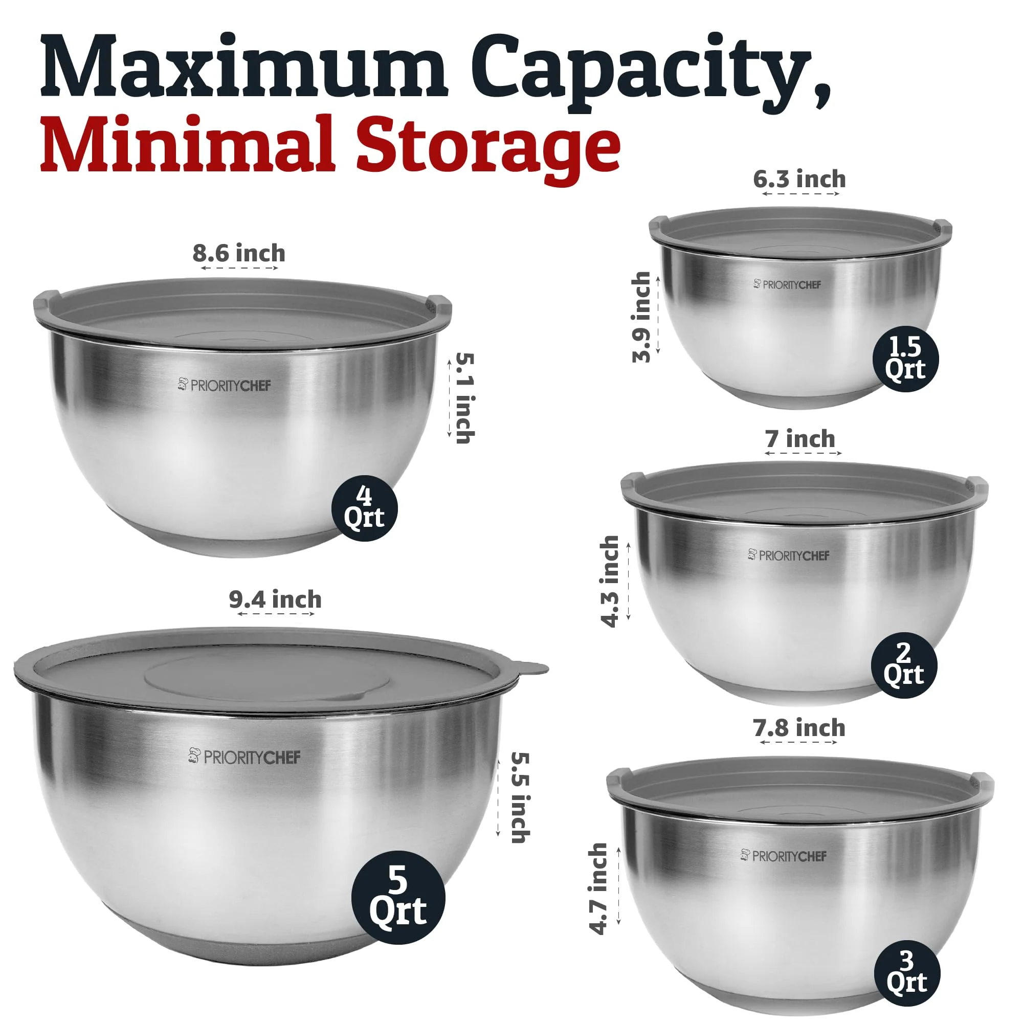 Priority Chef Stainless Steel Mixing Bowls with Lids Set, 3 Grater Attachments, Airtight Lids, Non-Slip Silicone Base Mixing Bowl Set, Large Prep Metal Mixing Bowls for Kitchen, Grey - Image 8