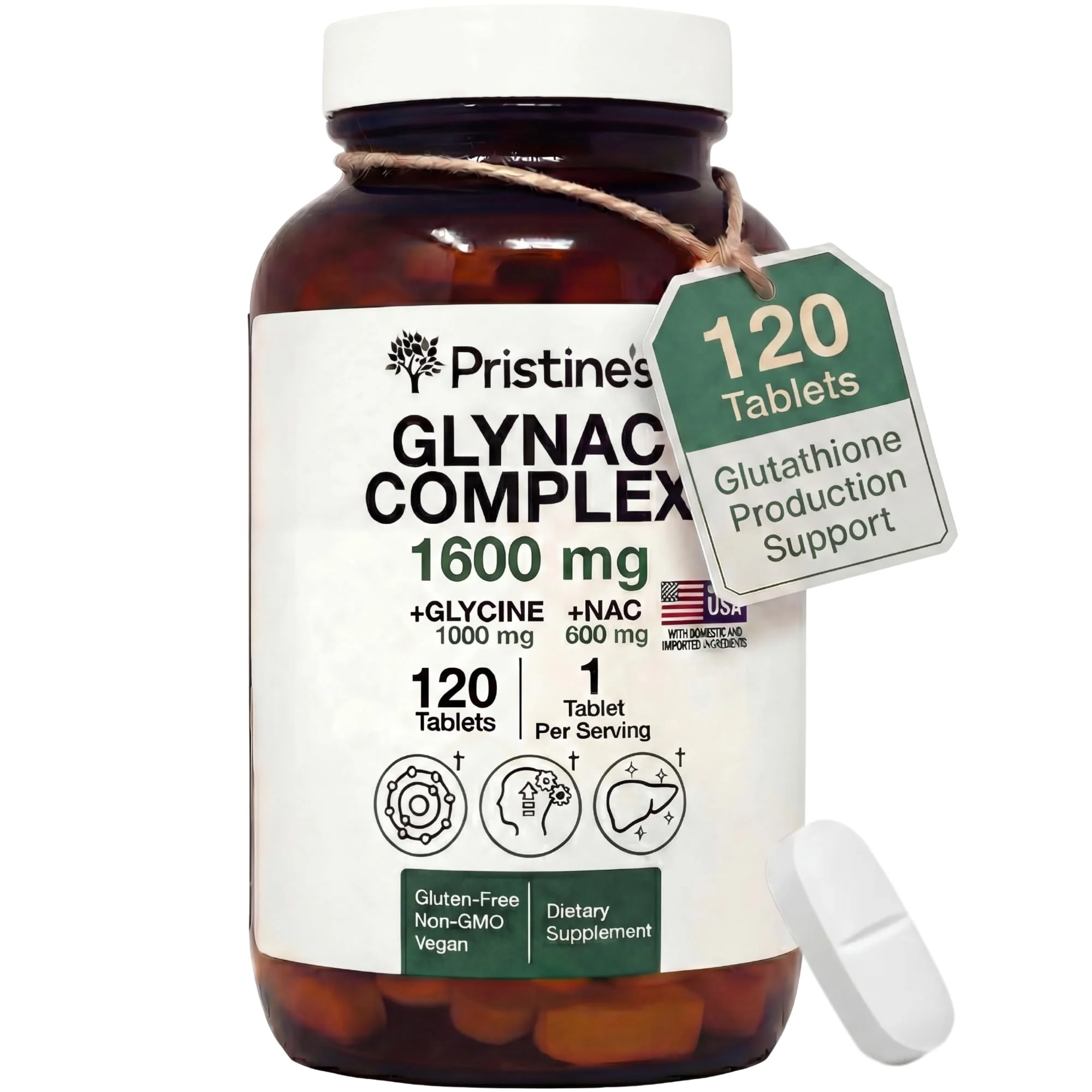 PRISTINE'S GlyNAC Complex Glutathione Production Supplement Tablets - 3rd Party Tested Anti Aging, Sleep Quality & Cognitive Support Supplement - Glycine & NAC Gluten Free Non GMO USA Made