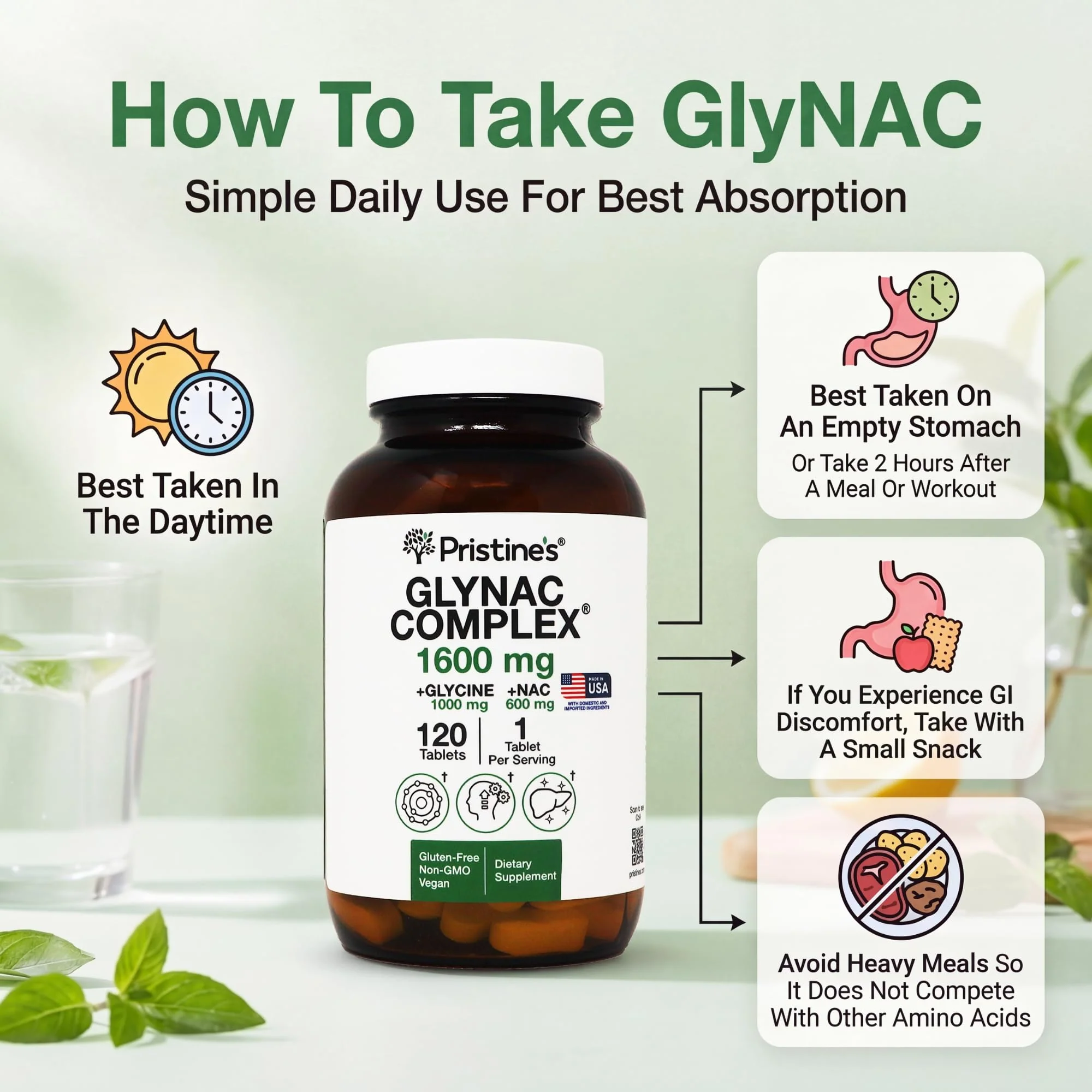 PRISTINE'S GlyNAC Complex Glutathione Production Supplement Tablets - 3rd Party Tested Anti Aging, Sleep Quality & Cognitive Support Supplement - Glycine & NAC Gluten Free Non GMO USA Made - Image 7