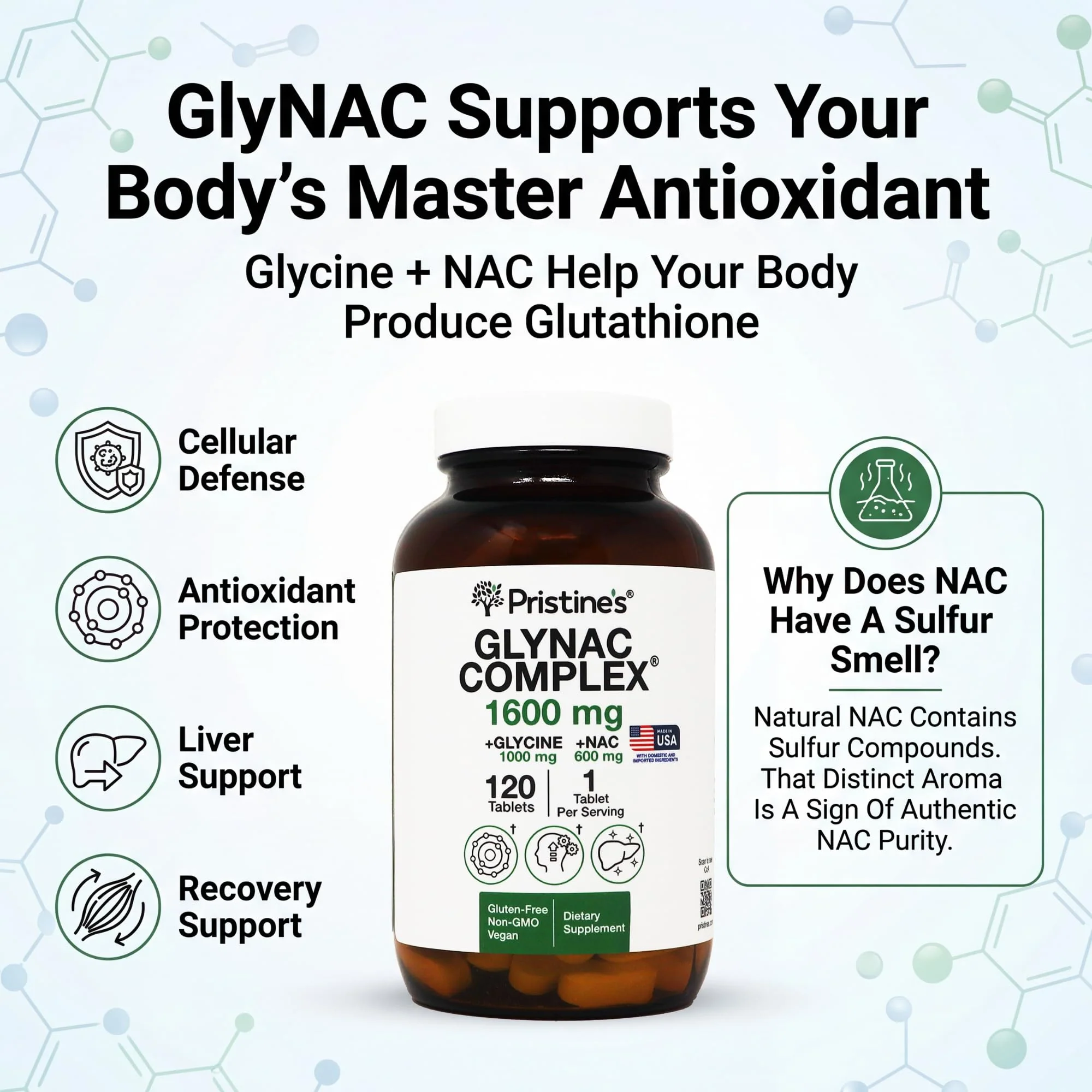 PRISTINE'S GlyNAC Complex Glutathione Production Supplement Tablets - 3rd Party Tested Anti Aging, Sleep Quality & Cognitive Support Supplement - Glycine & NAC Gluten Free Non GMO USA Made - Image 8