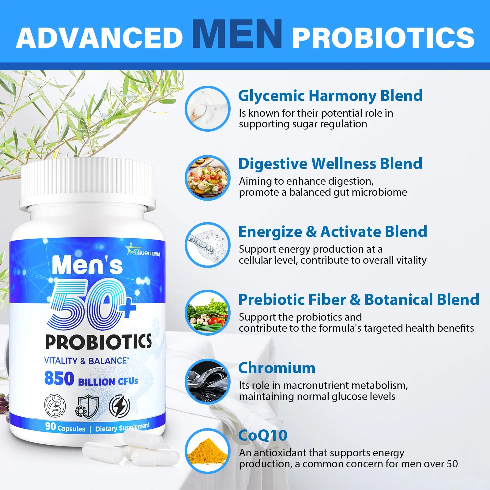 Probiotics for Men, Advanced 50+ Mens Probiotic, Comprehensive Gut & Energy Support with 850 Billion CFU, 1800mg Prebiotics Fiber – Tailored Wellness mens probiotics for gut health over 50, 90 Capsule - Image 6